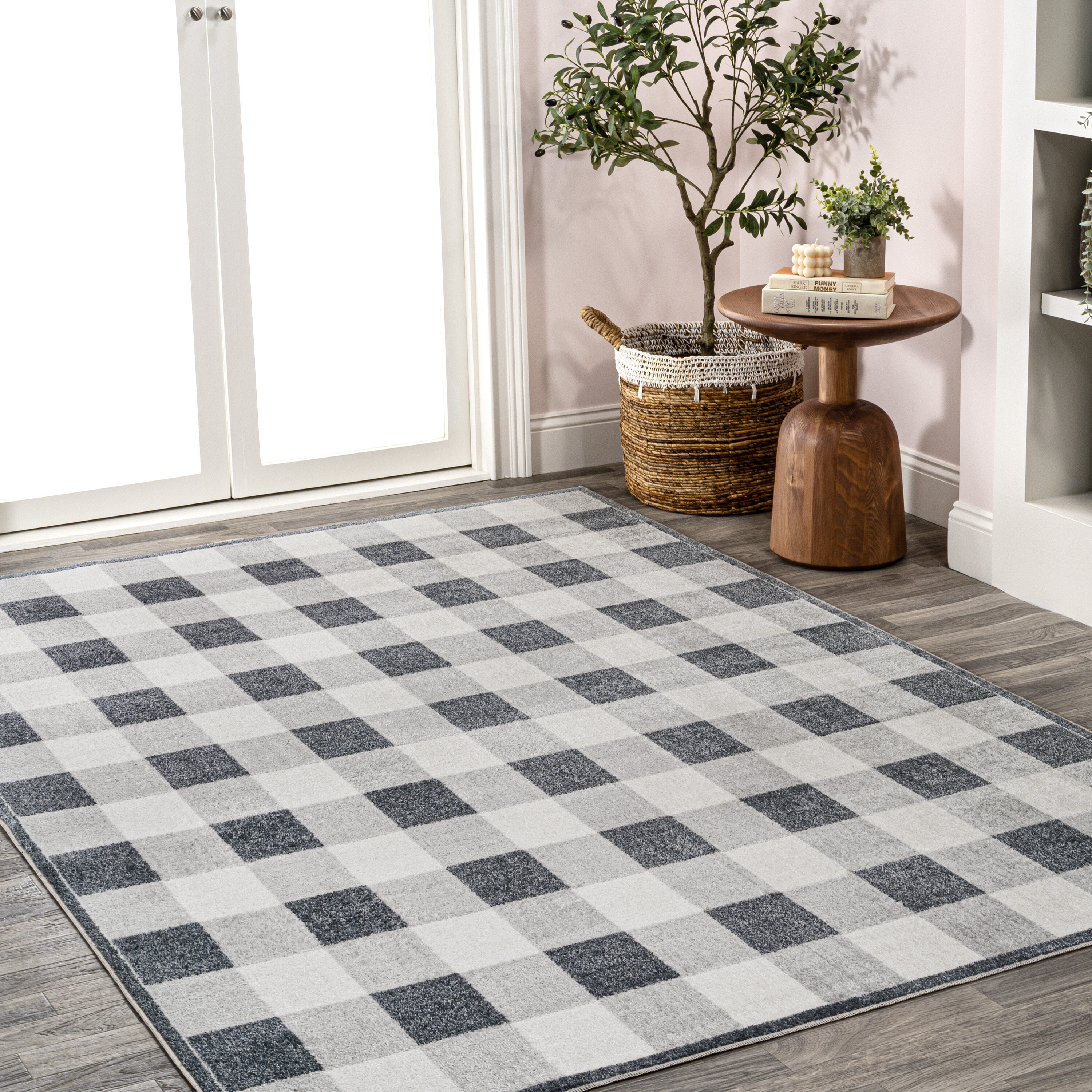 Gray Gradient Plaid Washable Synthetic Area Rug, 3 x 5