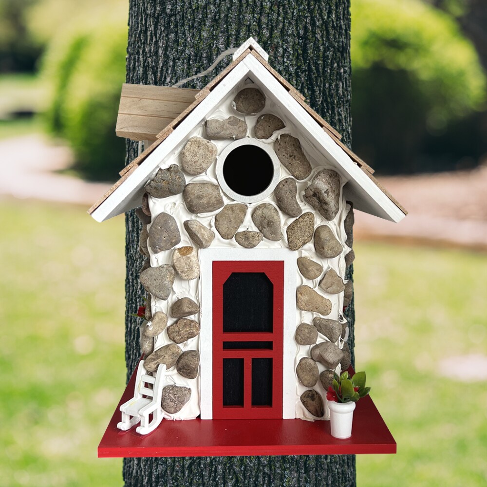Handcrafted Stone Cottage Birdhouse with Red Accents