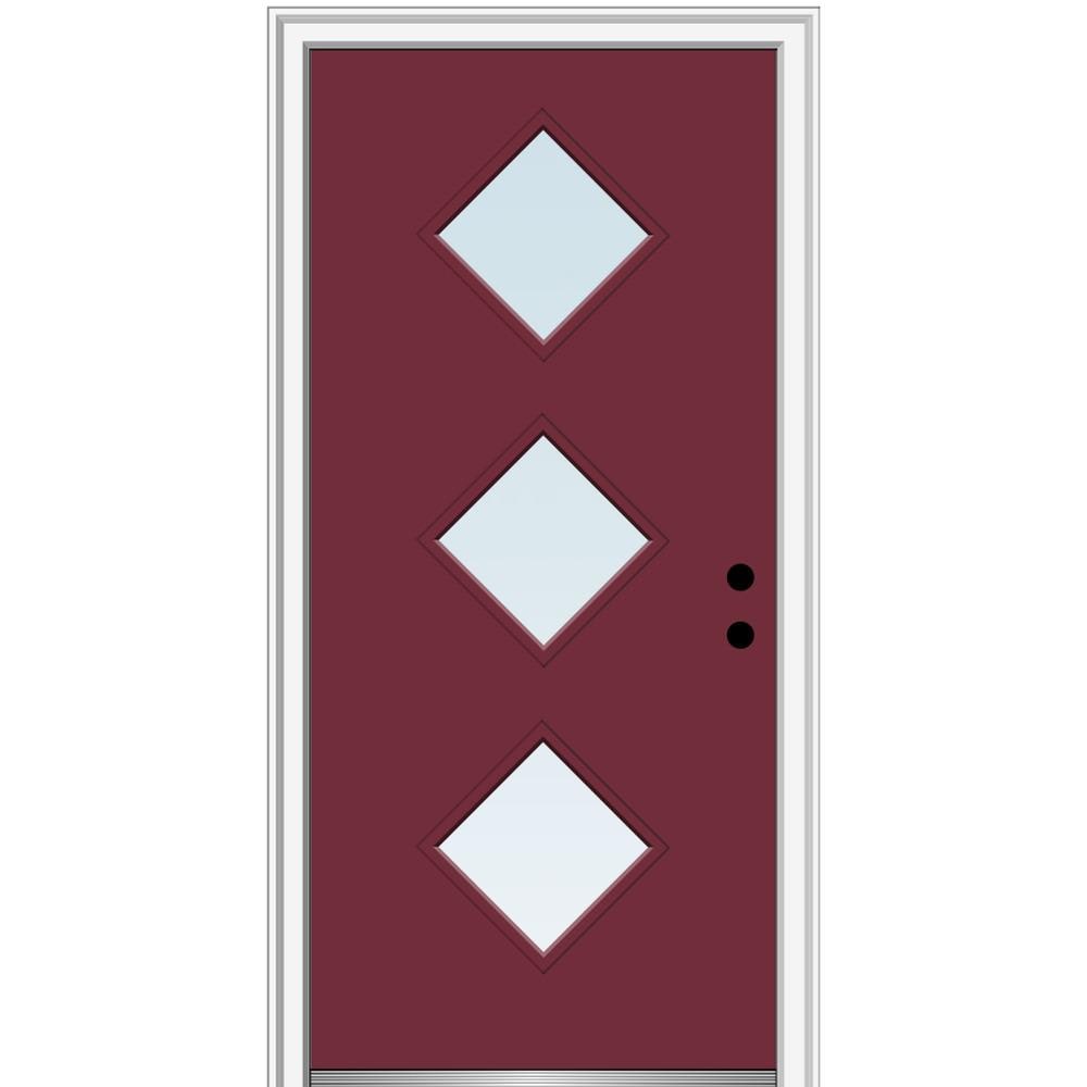 MMI DOOR ZZ346304L Spotlights 30-in x 80-in x 4-9/16-in Fiberglass Pulse lite Left-hand inswing Burgundy Painted Prehung Front Door with Brickmould Insulating core