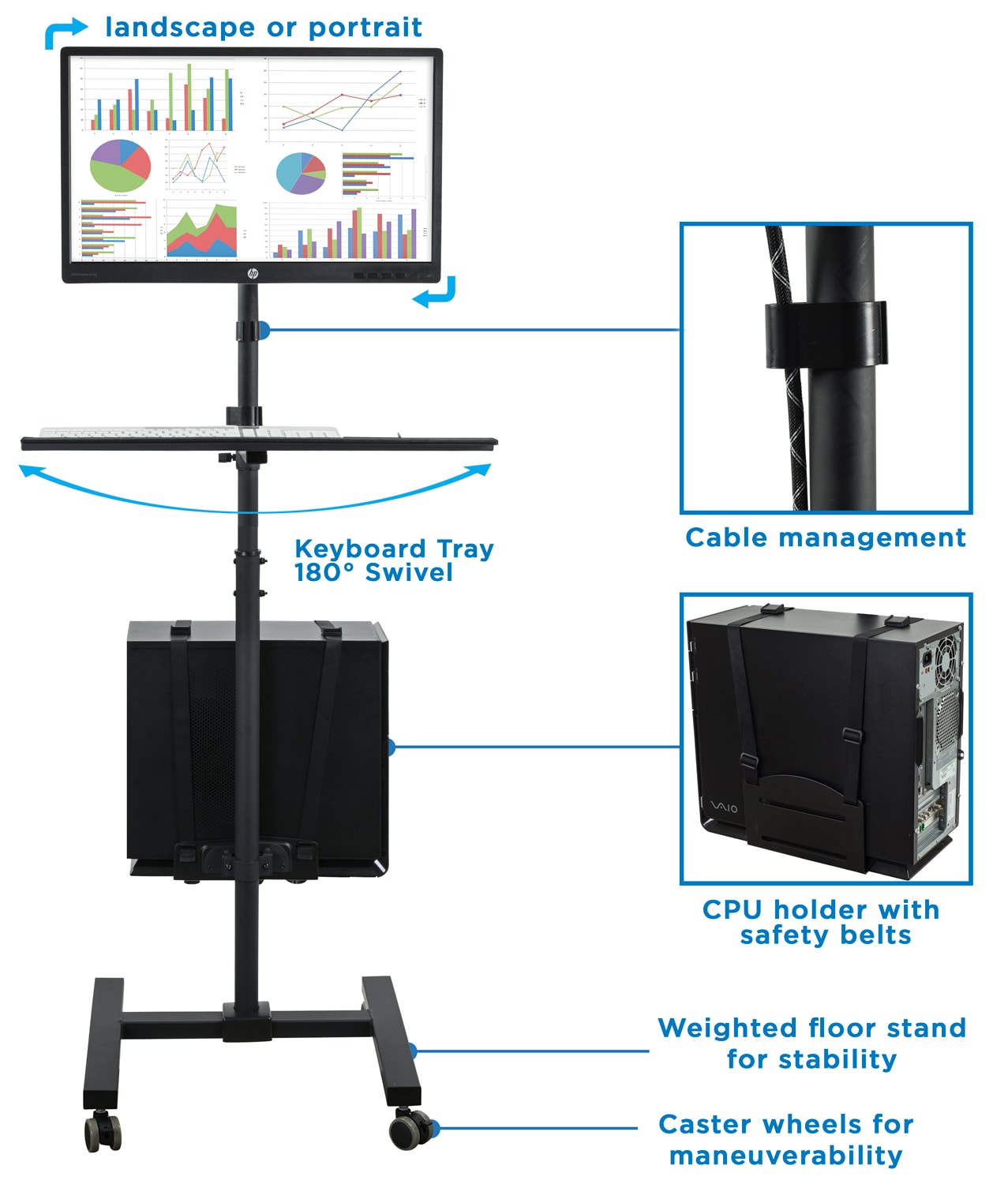 Black Height Adjustable Mobile Computer Cart with Monitor Mount and CPU Holder