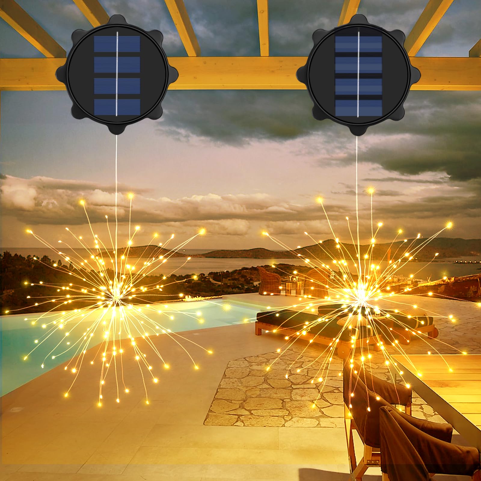 Oyezvary  Solar Christmas Lights Outdoor 2 pack 240 LED Firework Hanging Lights Warm White Waterproof Fairy Lights for Garden Patio Yard Trees