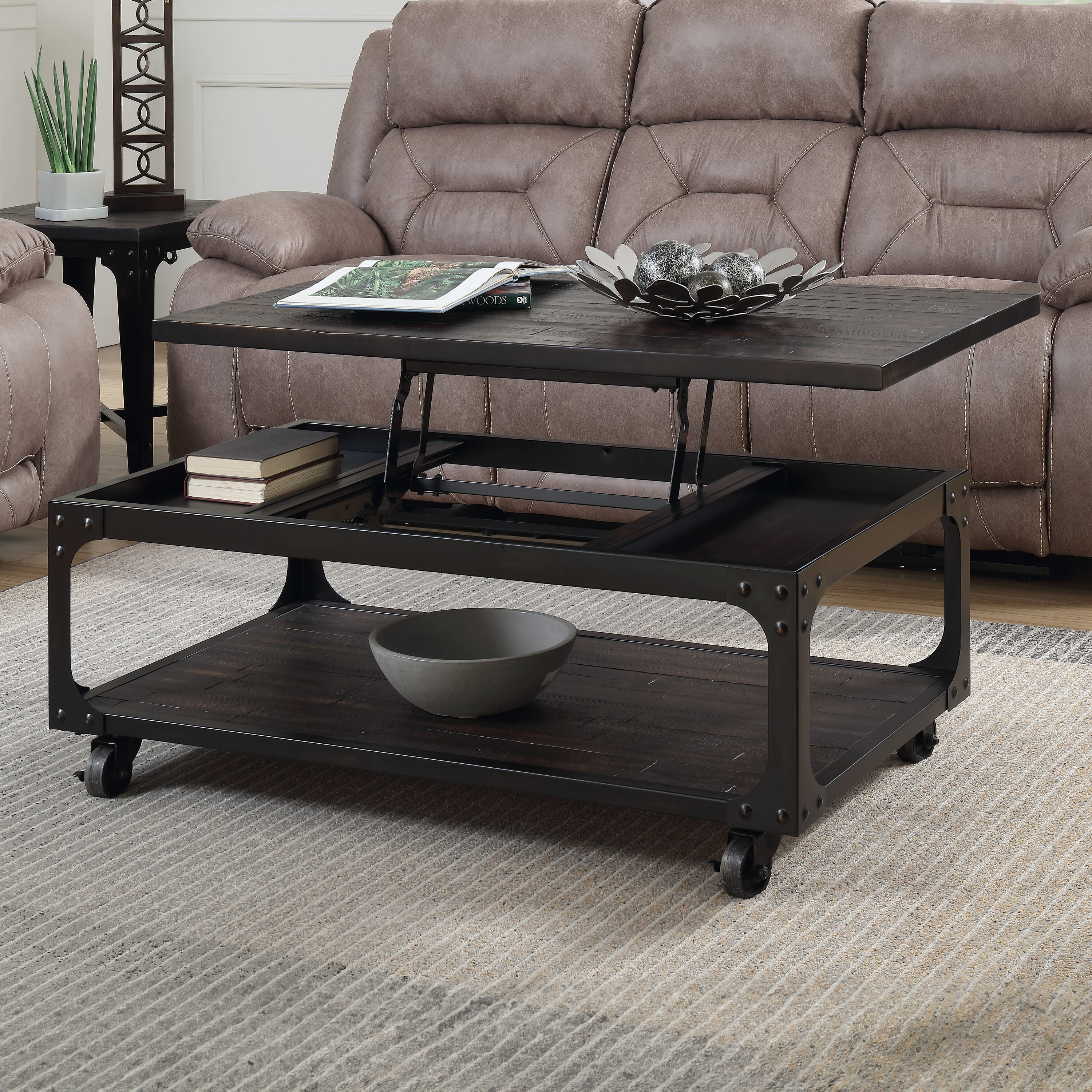 Rustic Tobacco 48" Wood Lift-Top Coffee Table with Storage