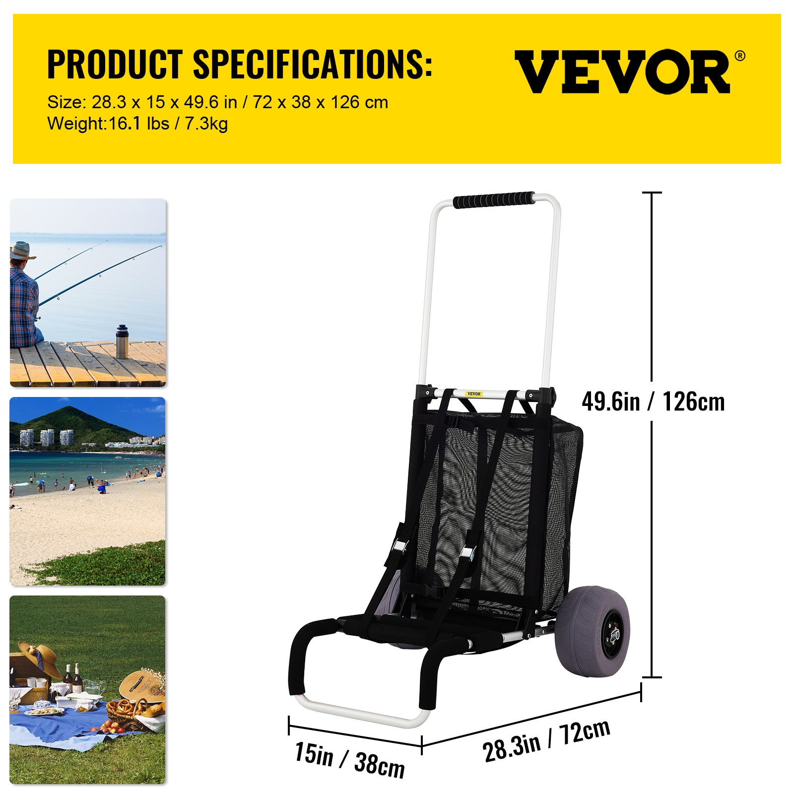 VEVOR Beach Cart for Sand, 23 inch x 15 inch Cargo Deck, 13 inch TPU Balloon Wheels, 165lbs Loading