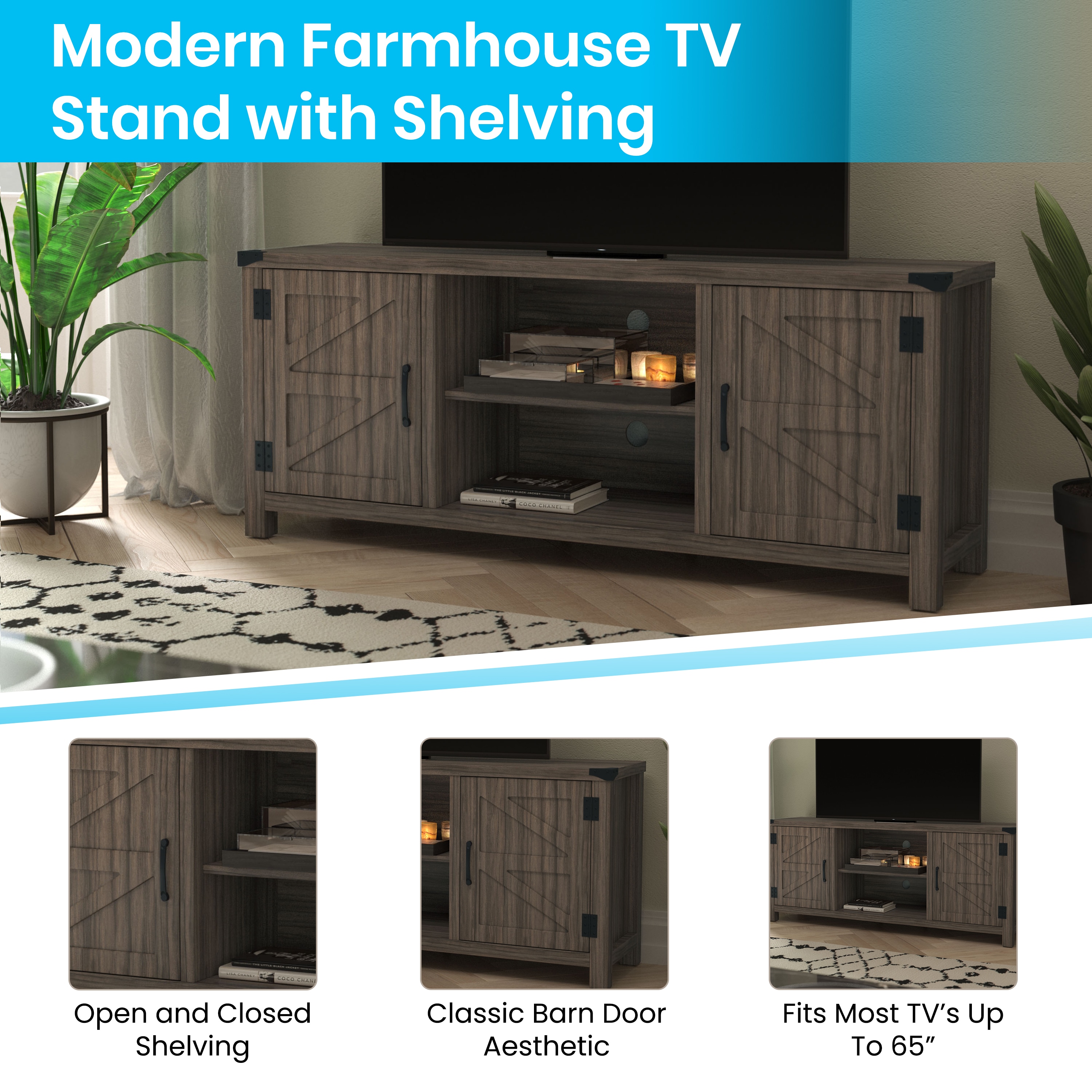 Rustic Industrial Gray Wash Oak TV Stand with Cabinet for 65" TVs