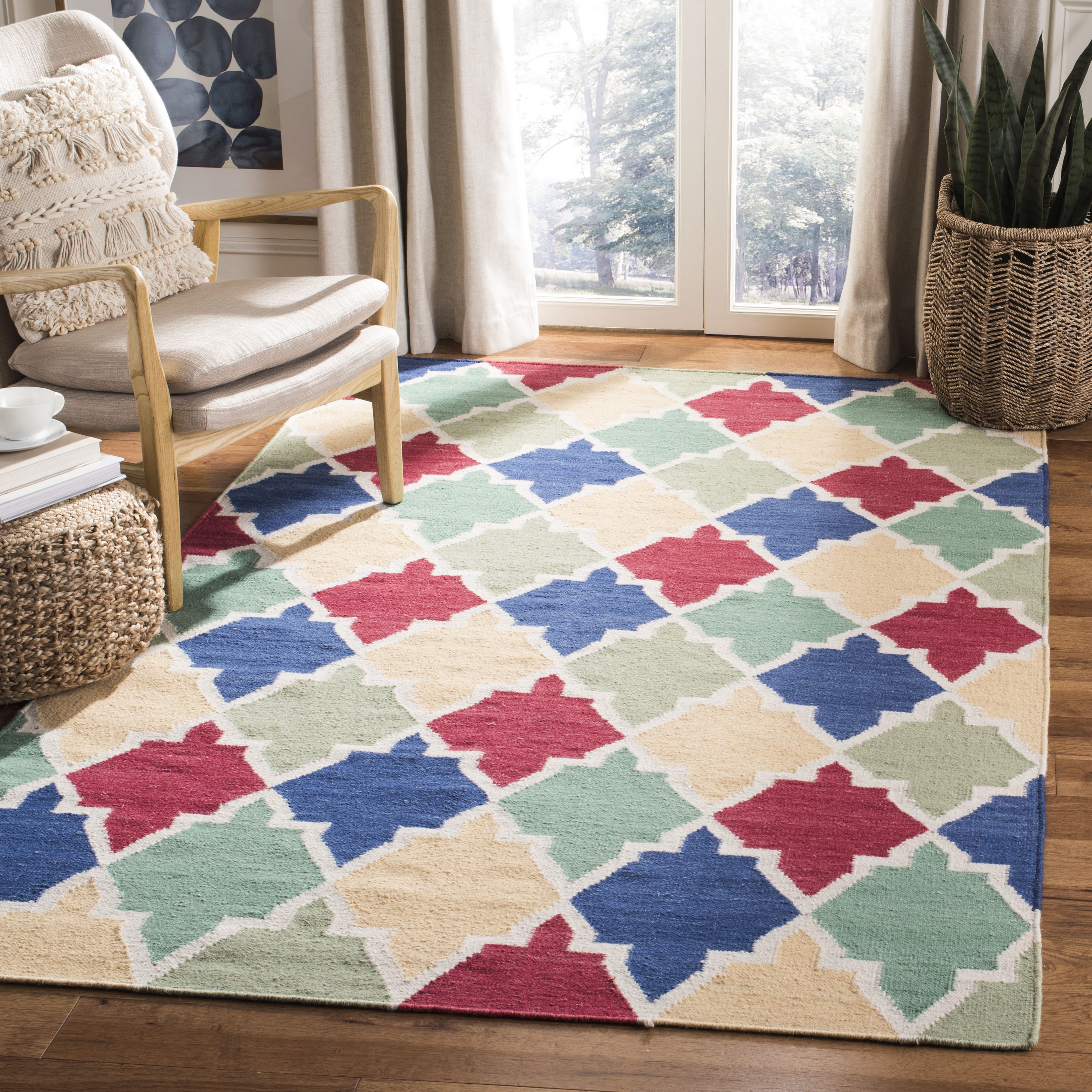 Blue and Multi Geometric Wool Flat Woven Area Rug, 3' x 5'