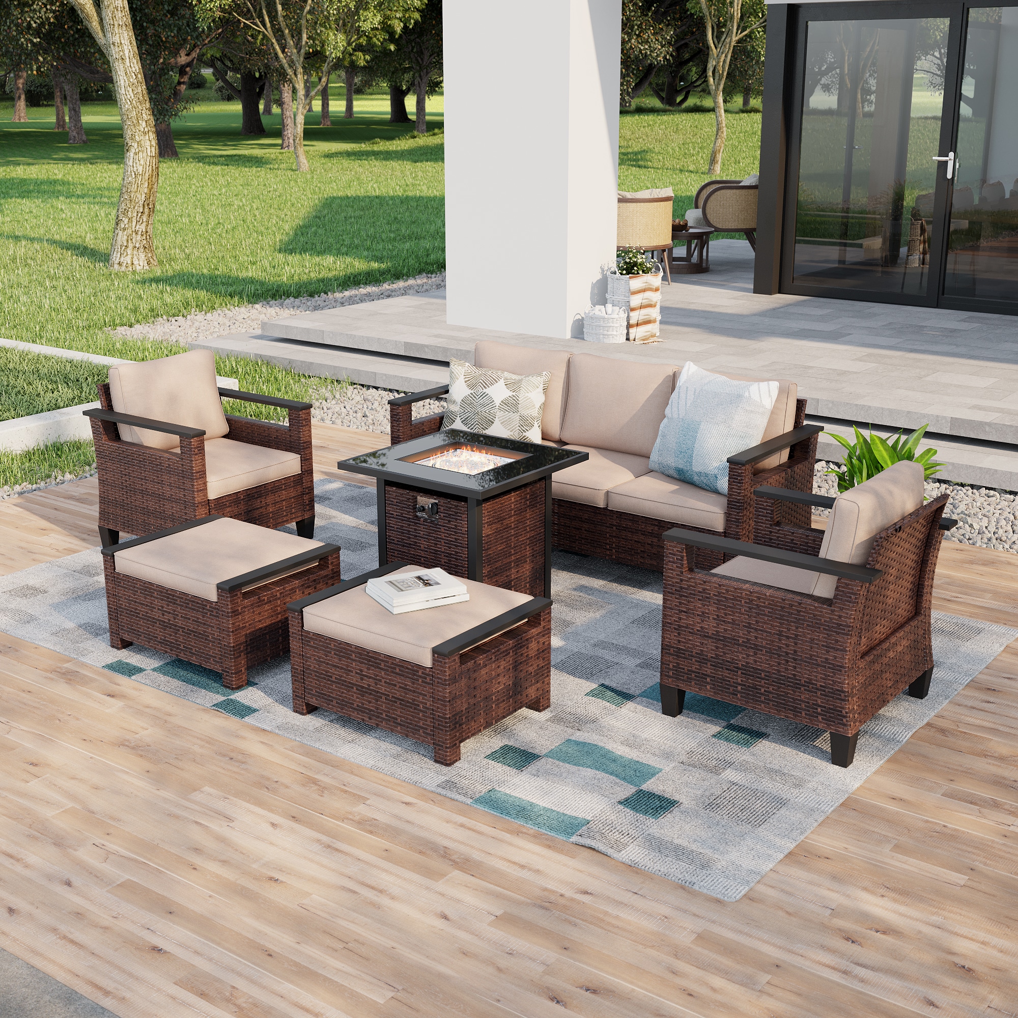 ACEGOSES LW-126BSD-T4 Skytop 6 -Piece Wicker Patio Sofa Conversation Set with Beige Cushions