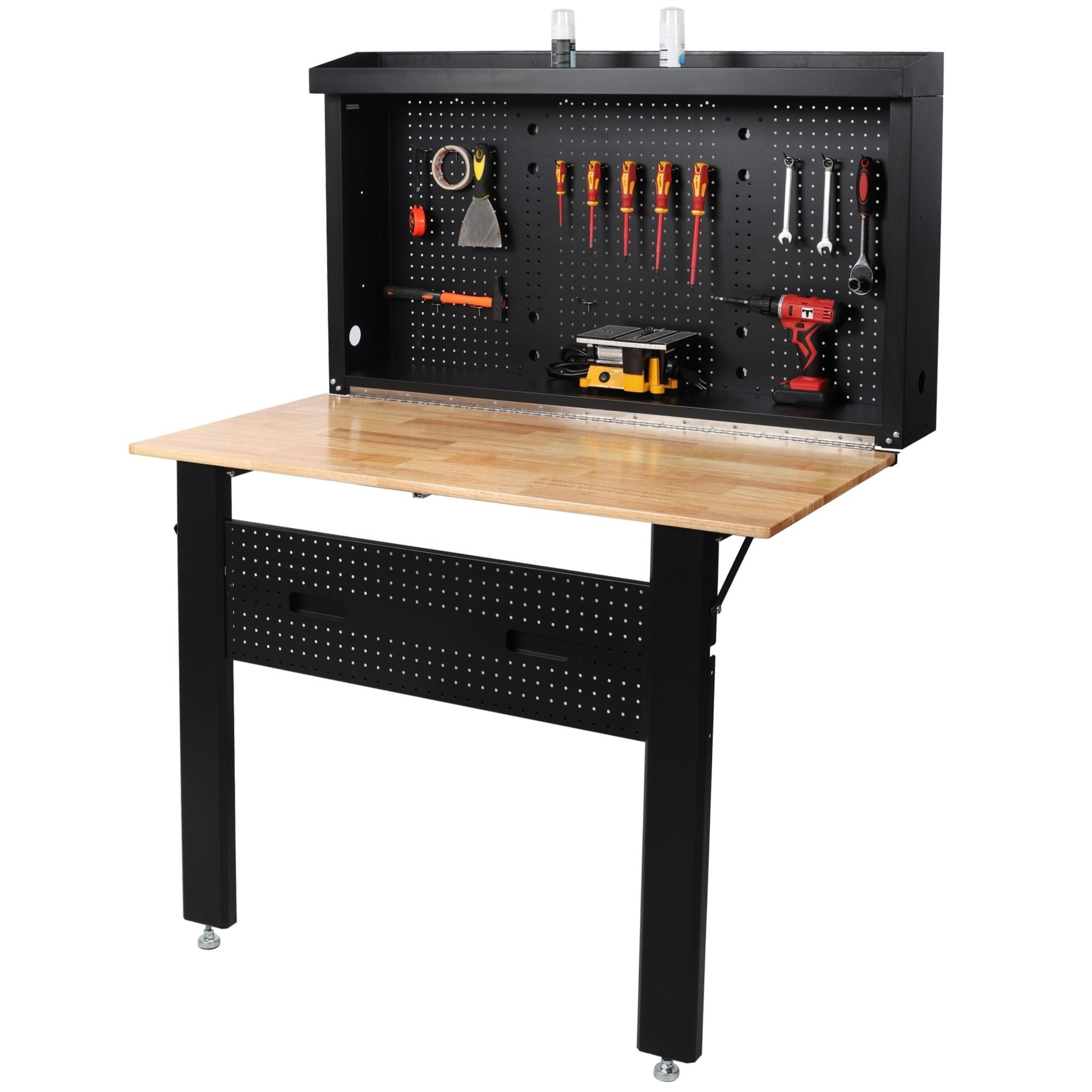 OGETFUUR Wall Mounted Space Saving Foldable Workbench with Rubberwood Surface and Pegboard for Tools #L5MJA805WBT7