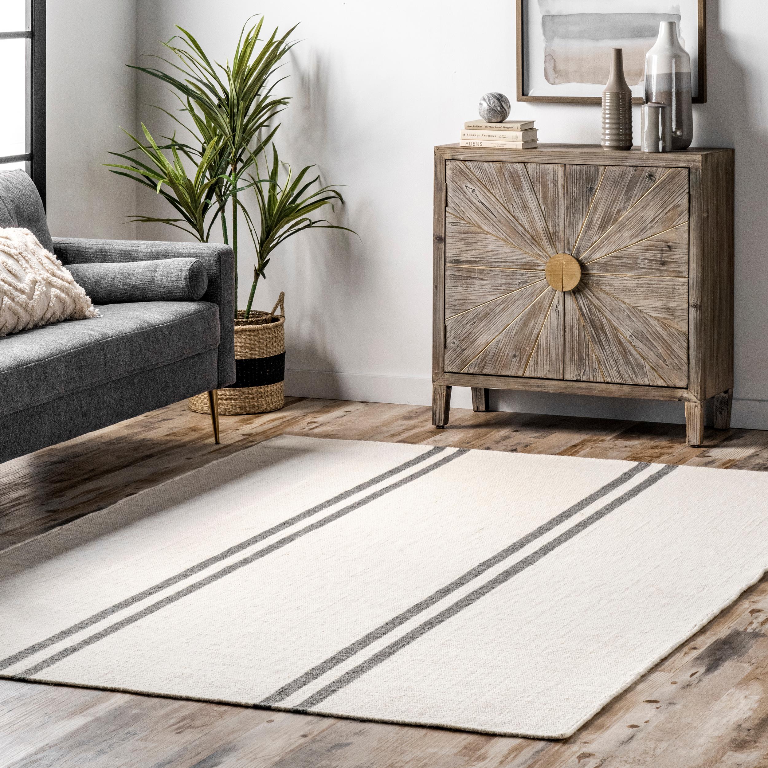 Ivory and Gray Wool Flatwoven Striped Runner Rug, 2' x 8'