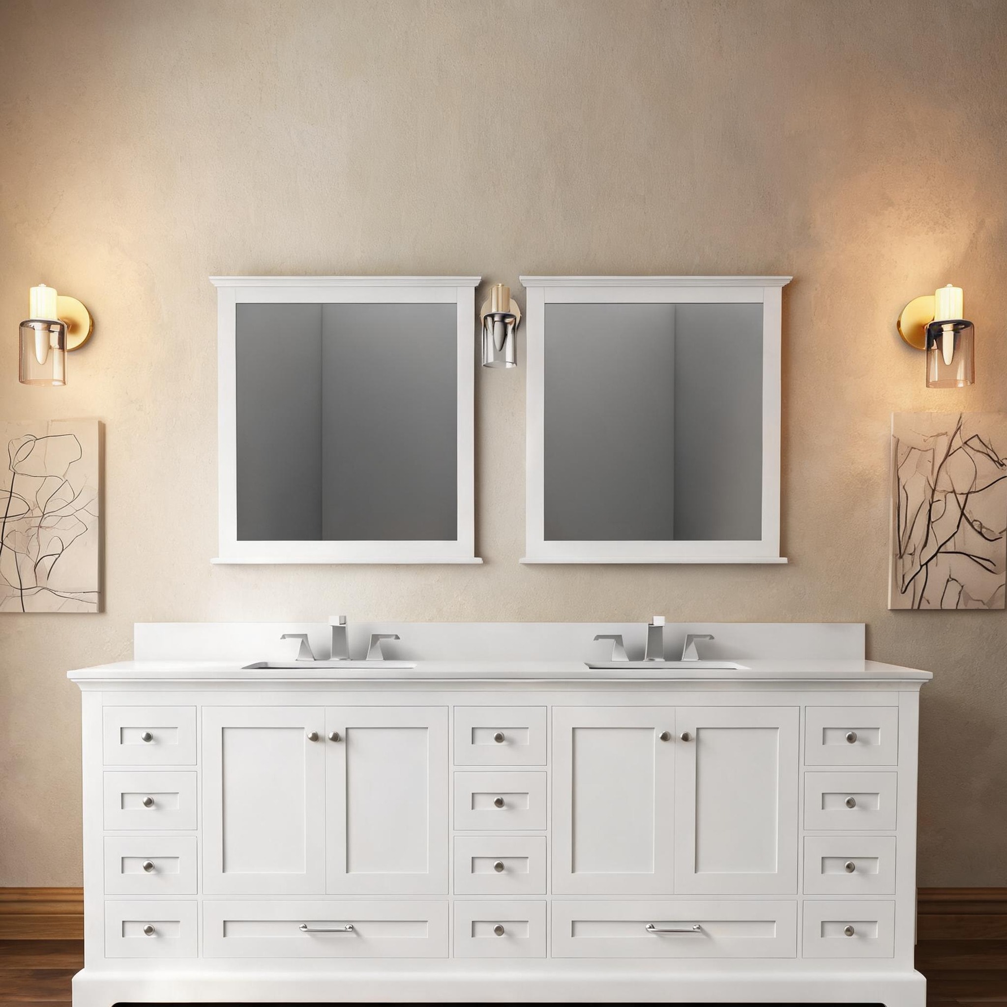 Naturefalls 84-Inch Double Basin Bathroom Vanity with White Quartz Top Classic White Wood Cabinet and Two Mirrors