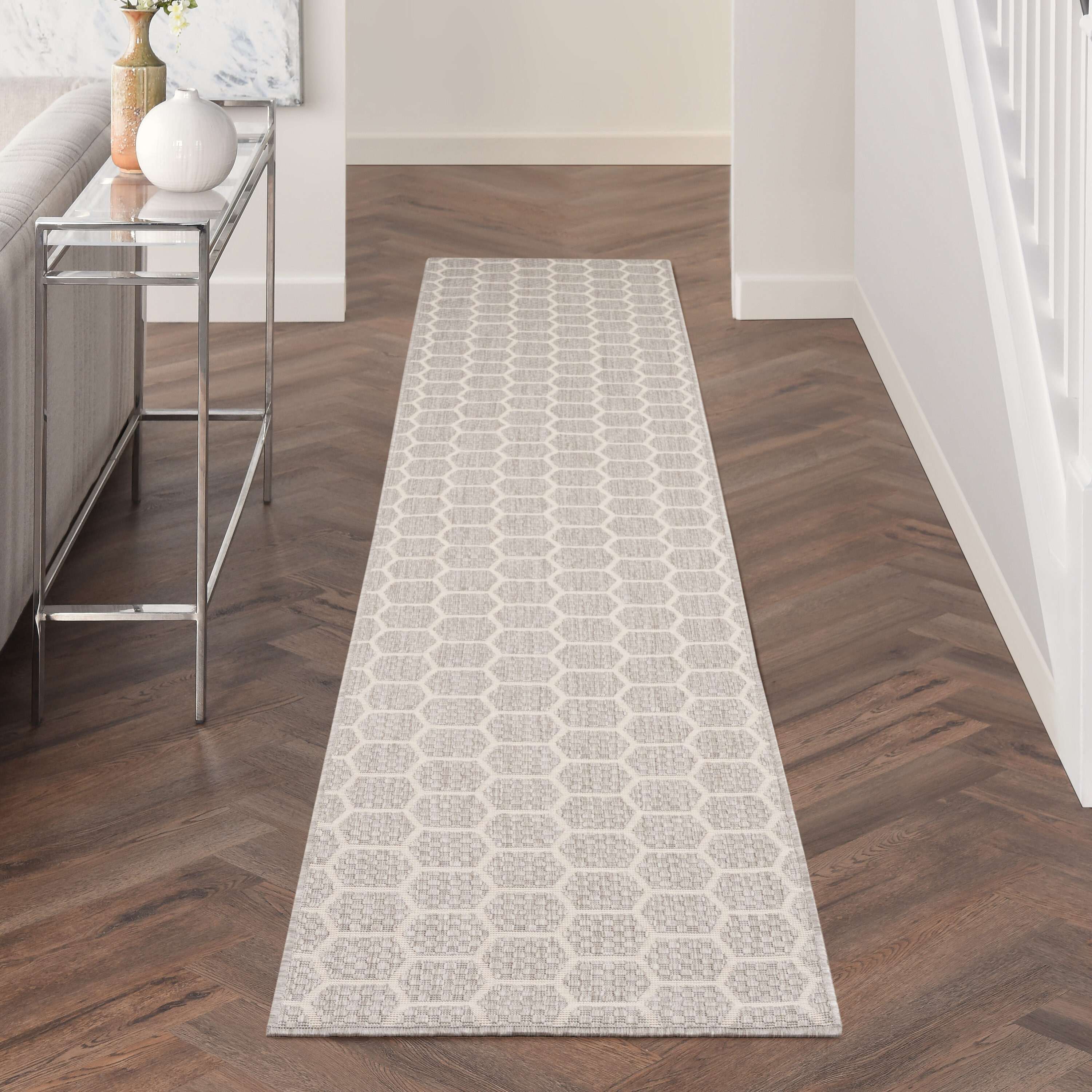 Nourison Home 099446974235 Reversible Indoor Outdoor 2 x 10 (ft) Polyester/Polypropylene Grey Rectangular Indoor/Outdoor Geometric Runner rug