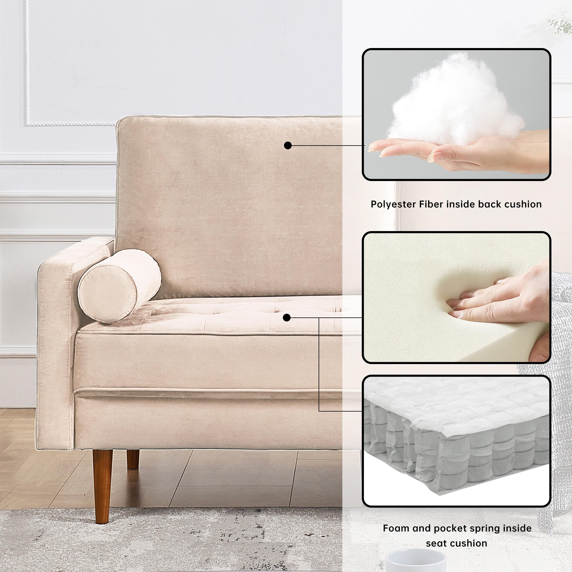 Beige Velvet Loveseat with Wood Legs and Bolster Pillows