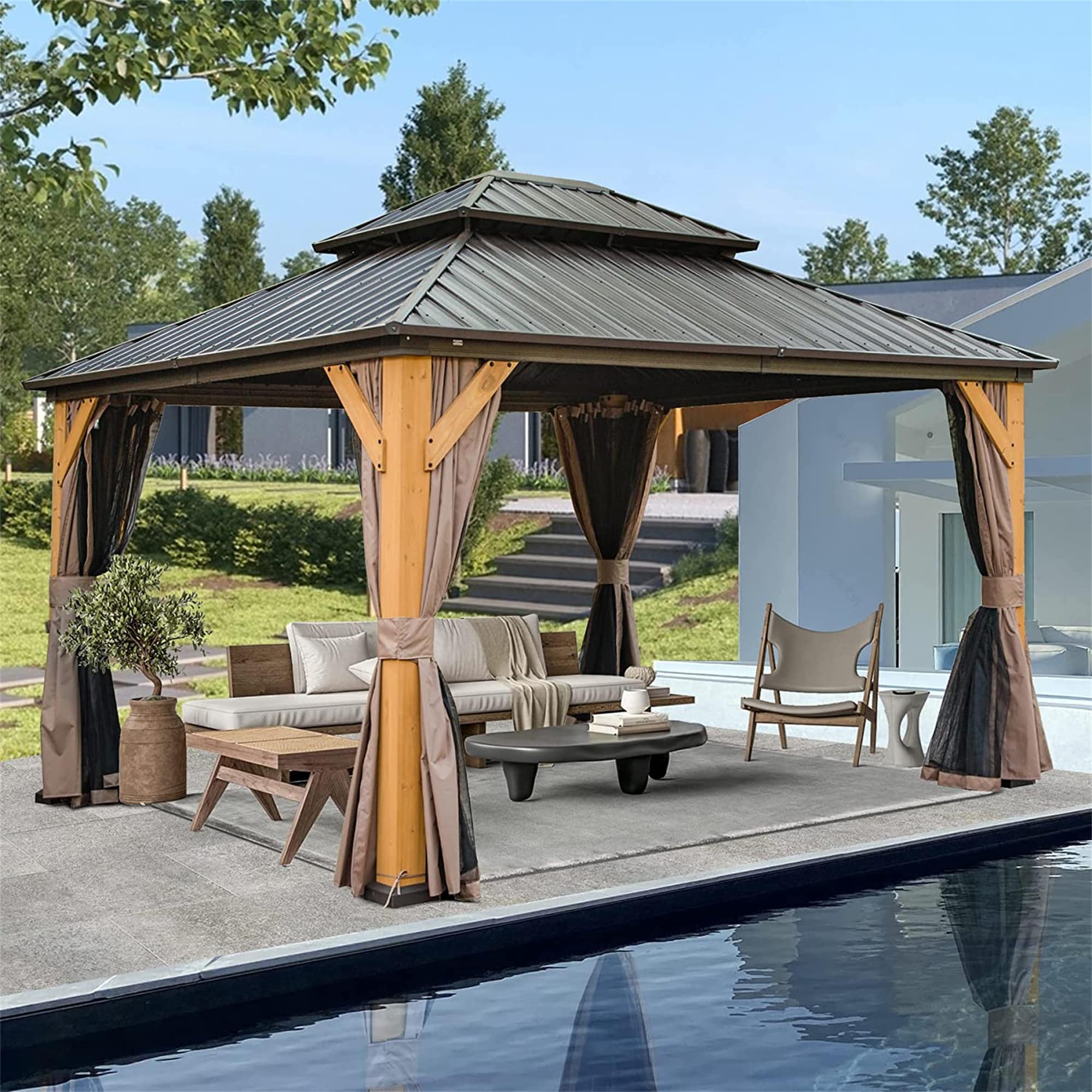 Mondawe 14-ft x 12-ft Rectangle Brown Wood Steel Roof Gazebo with ...