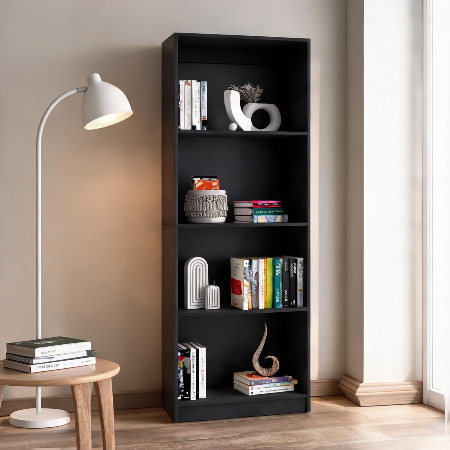 FlowLuxe Matte Black Engineered Wood Bookcase Four Spacious Shelves Modern Vertical Storage for Living Room or Home Office Display