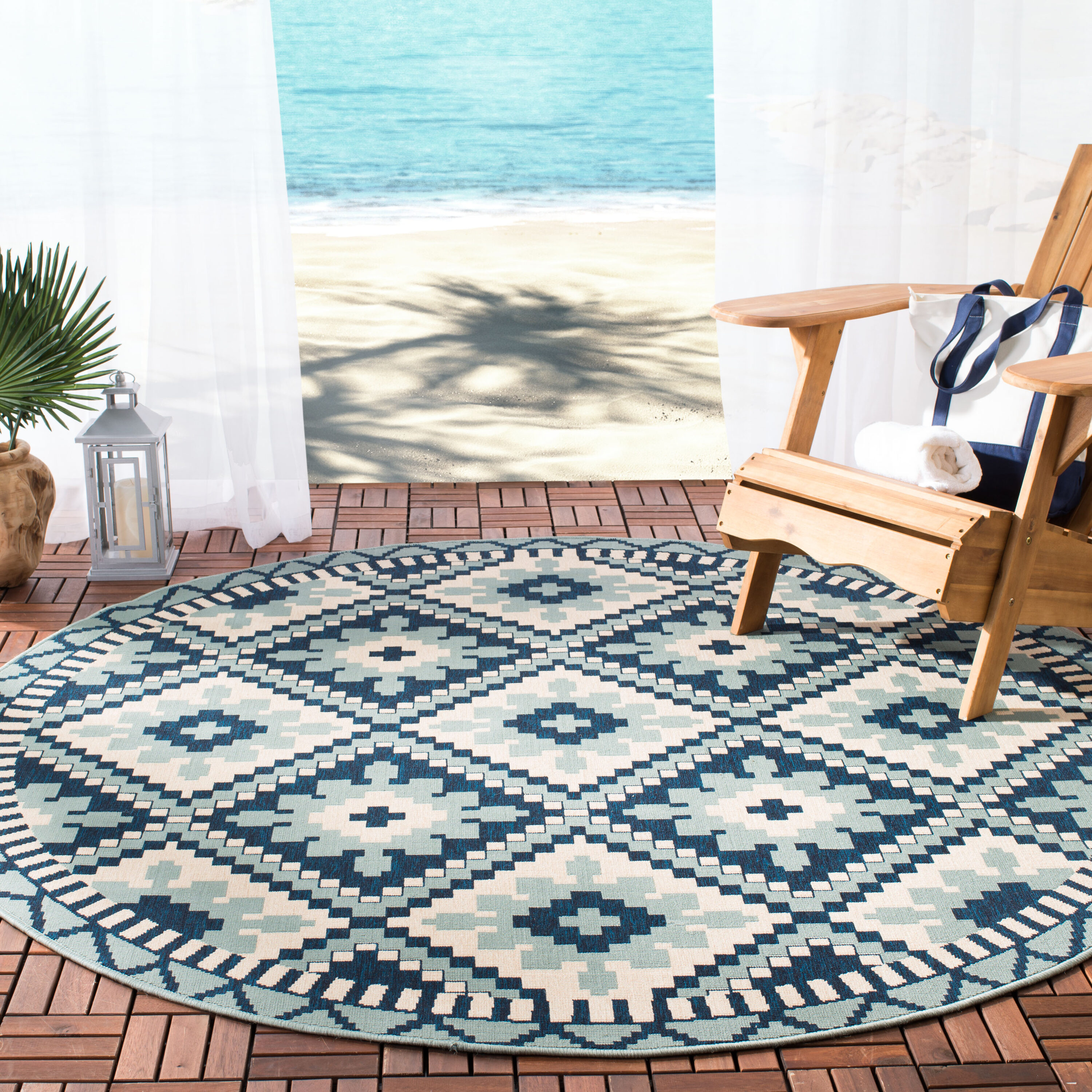 Safavieh VER096-3934-7R Veranda 7 x 7 (ft) Loomed Synthetic Turquoise/Blue Round Indoor/Outdoor Floral Southwestern Area rug