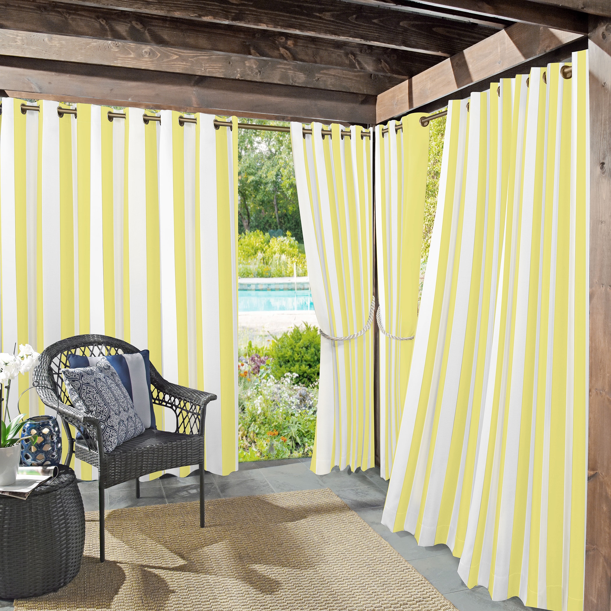 Sun Zero 59789 108-Inches Outdoor Yellow Striped Room darkening Interlined Grommet Single curtain panel