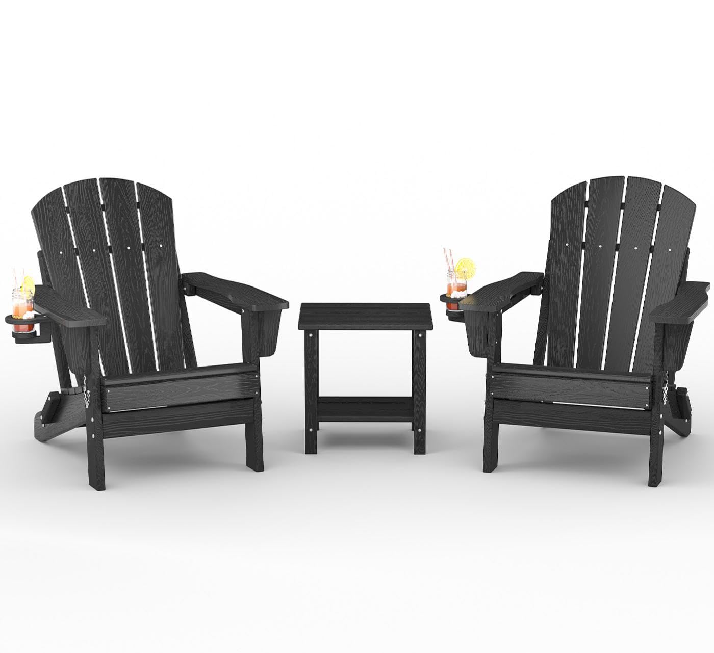 DEXSO HDPE Folding Adirondack Chair Set of 2 with Side Table Black All Weather Outdoor Patio Chair with Cup Holder #JANE-T8N2V1F