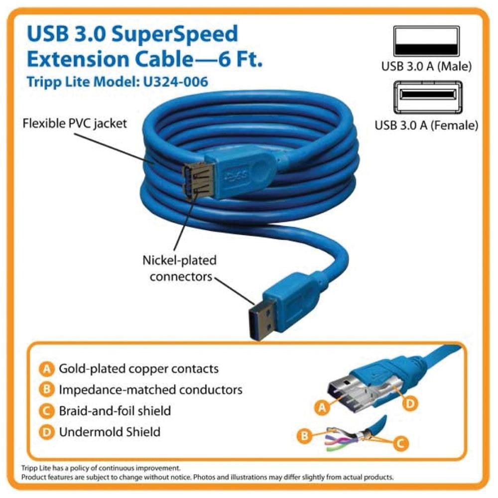 Tripp Lite 6ft USB 3.0 SuperSpeed Extension Cable A Male to A Female Black  6' - USB extension cable - USB Type A to USB