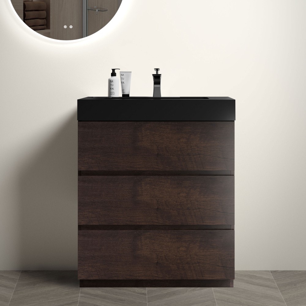 Vanityfus 30 Inch Wall Mounted Floating Bathroom Vanity with One Piece Sink and Soft Close Double Drawers