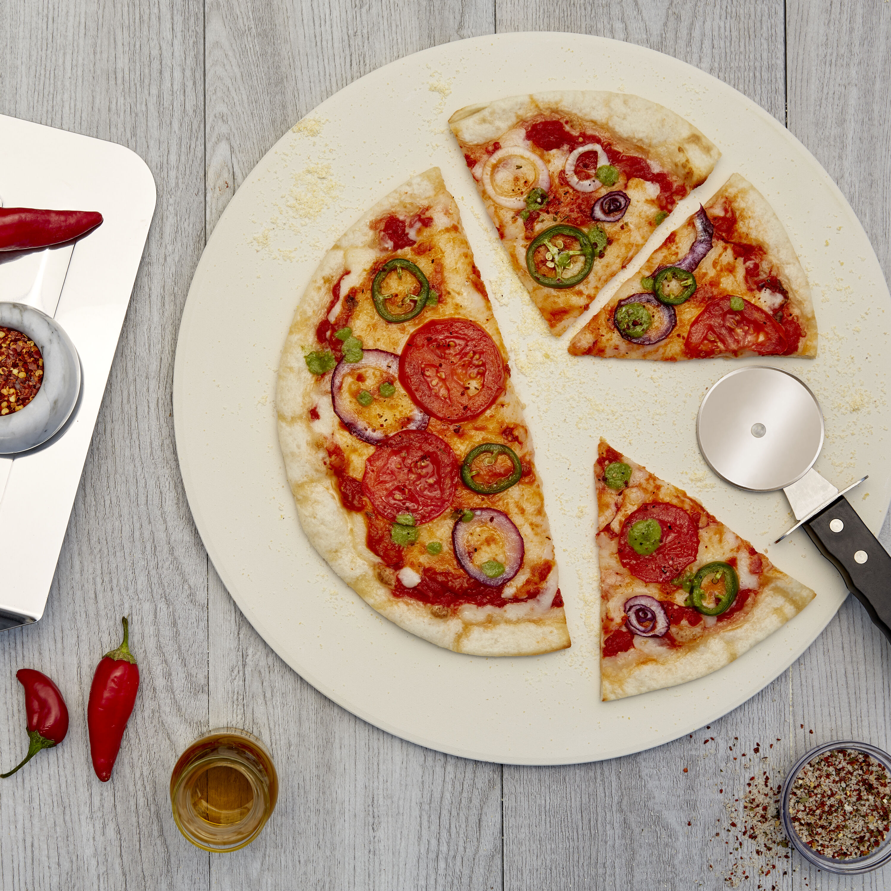 15" Round Grill Pizza Stone Kit with Stainless Steel Peel and Cutter