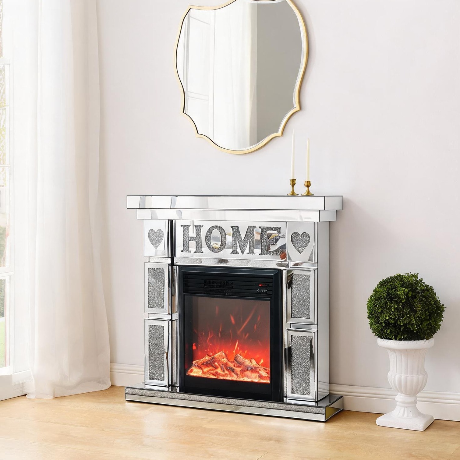 Naturefalls Polished Silver Electric TV Fireplace Cabinet with Diamond Mirror and Crystal Accents 46