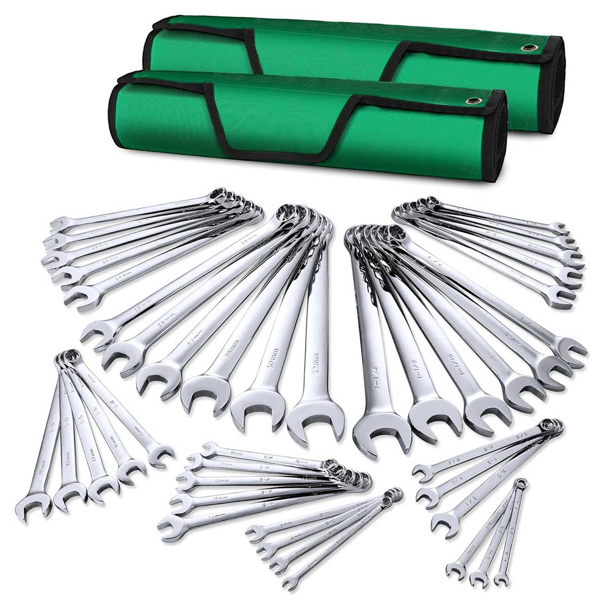 Aoibox LABW21022 42-Piece Combination Wrench Set SAE 1/4 to 1-1/4 Metric 6 to 32mm SuperKrome Finish Premium CR-V Construction with Rolling Pouch