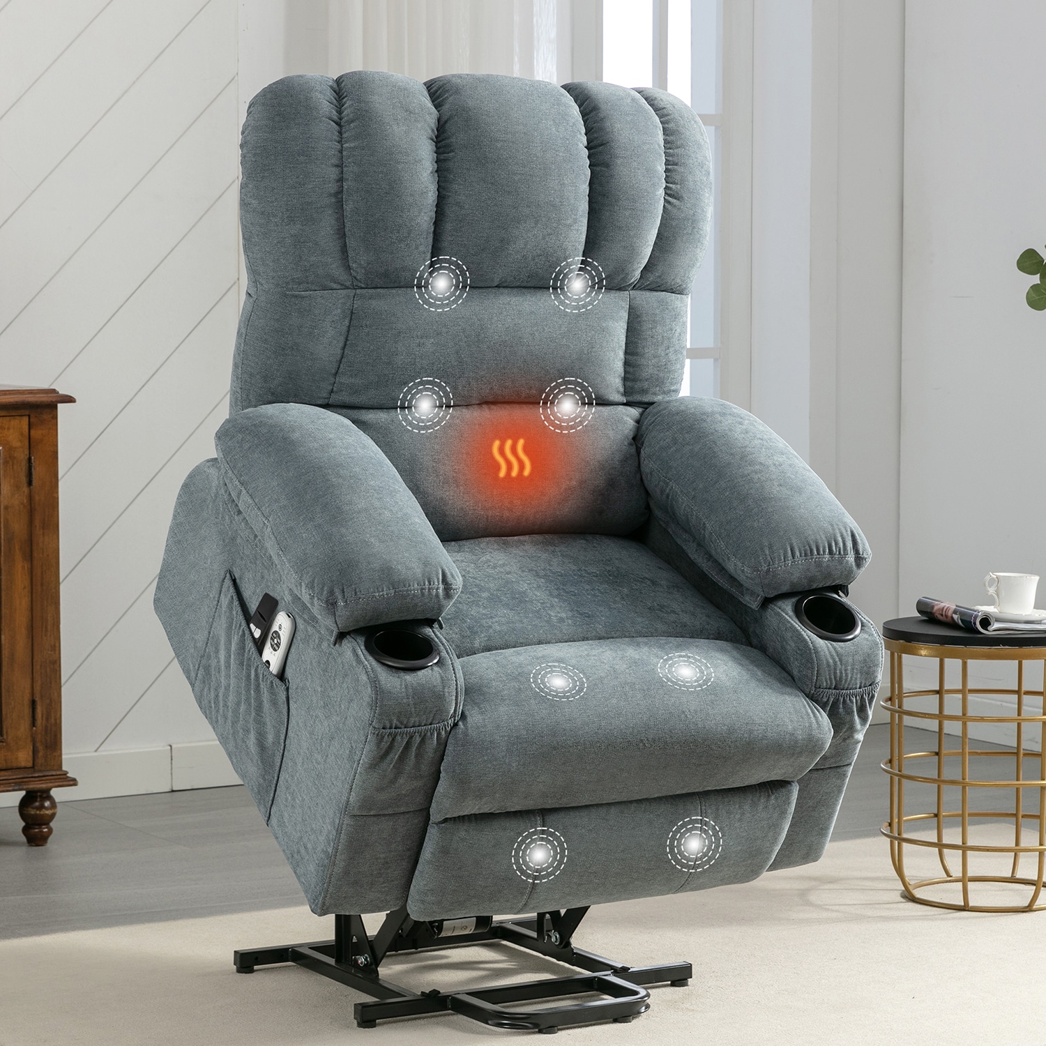 GZMR GZ-VA00S06 350LBs Vibration Massage Heating Power Lift Recliner Chair Blue Textured cotton Upholstered Powered Reclining Massage chair with Lift Assistance