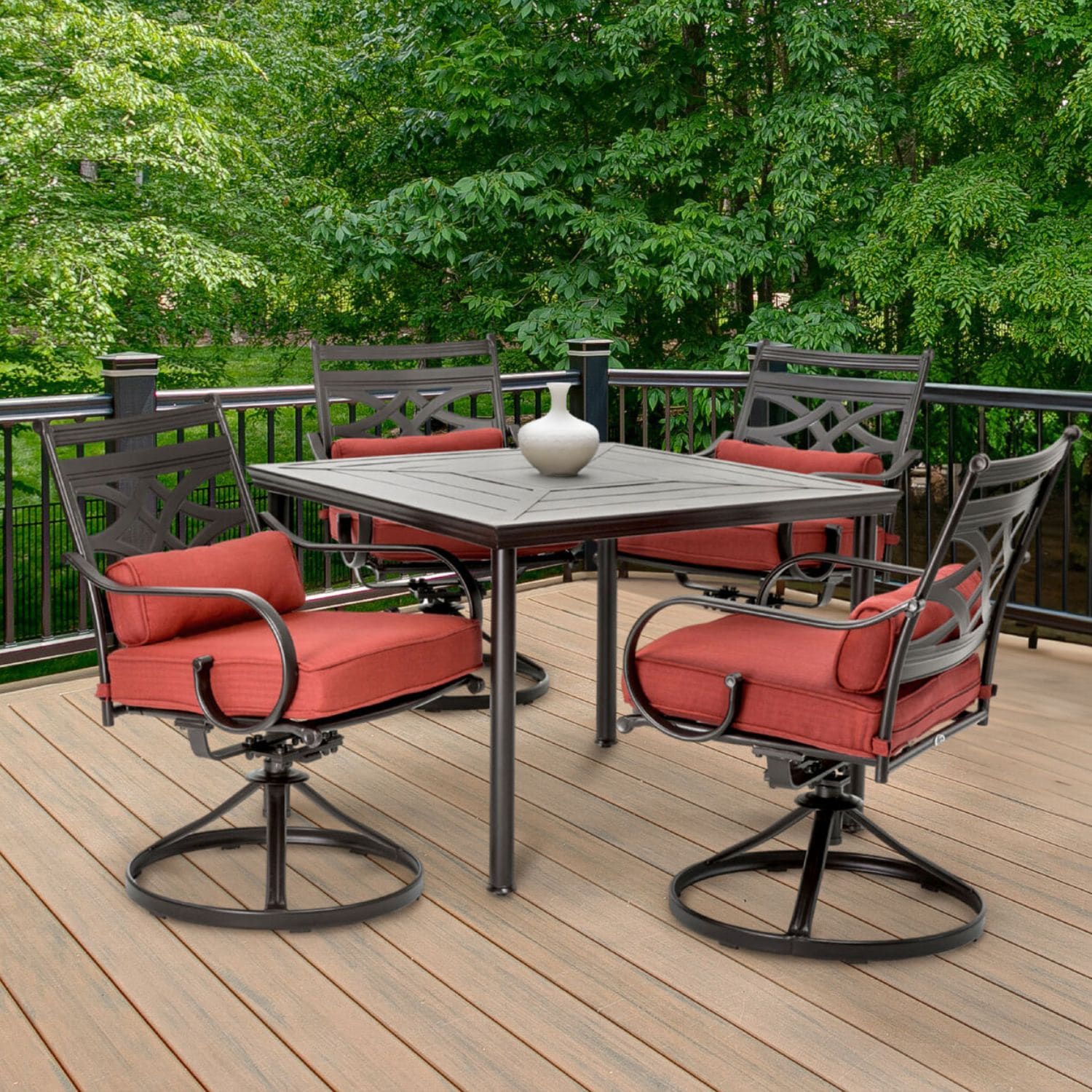 Hanover MCLRDN5PCSQSW4-CHL Montclair 5 -Piece Dark Brown Patio Dining Set Steel Square Table with 4 Red Cushions Swivel Rocker Chairs
