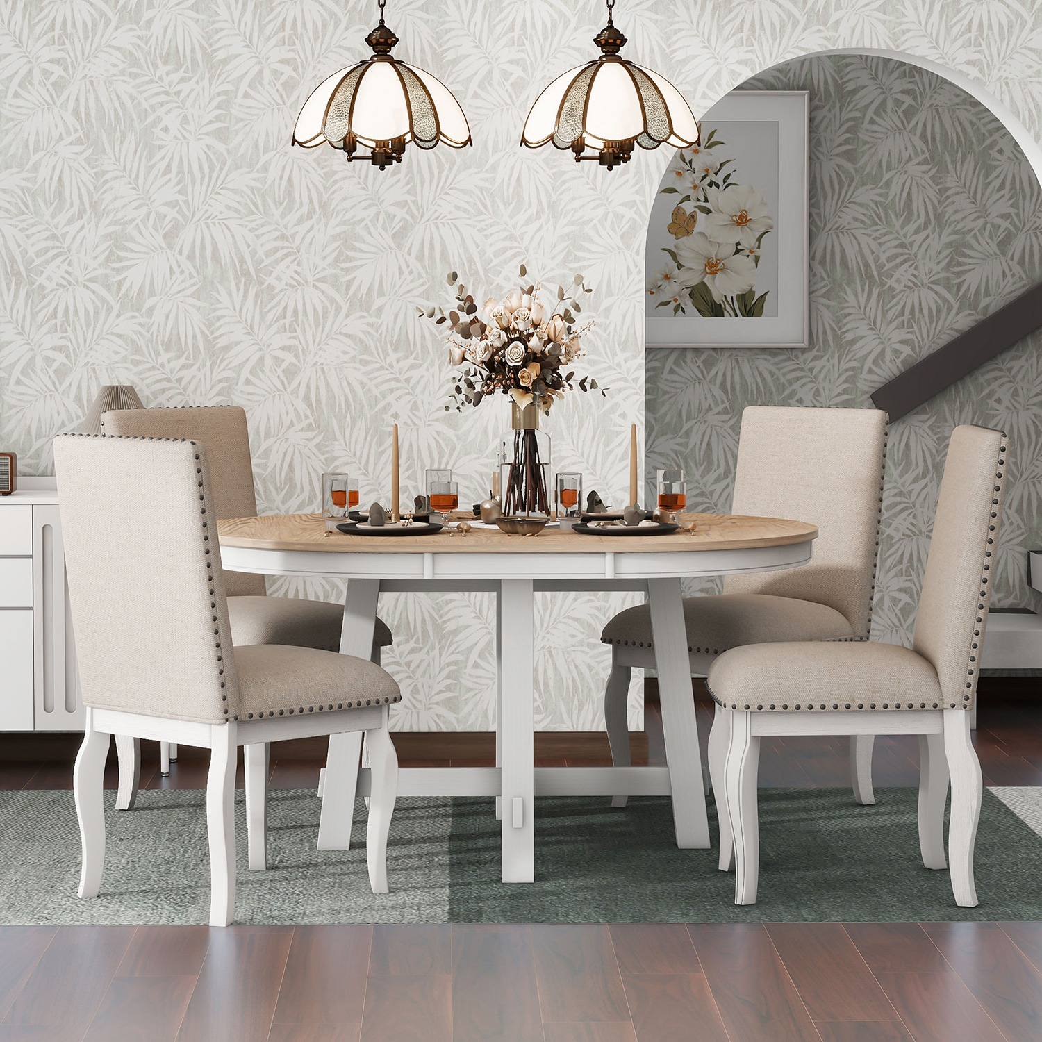 GZMR GZ-N71502AAE 5-Piece Farmhouse Dining Table Set Oak Natural Wood + Antique White Contemporary/Modern Dining Room Set with Round Table ( Seats 4 )