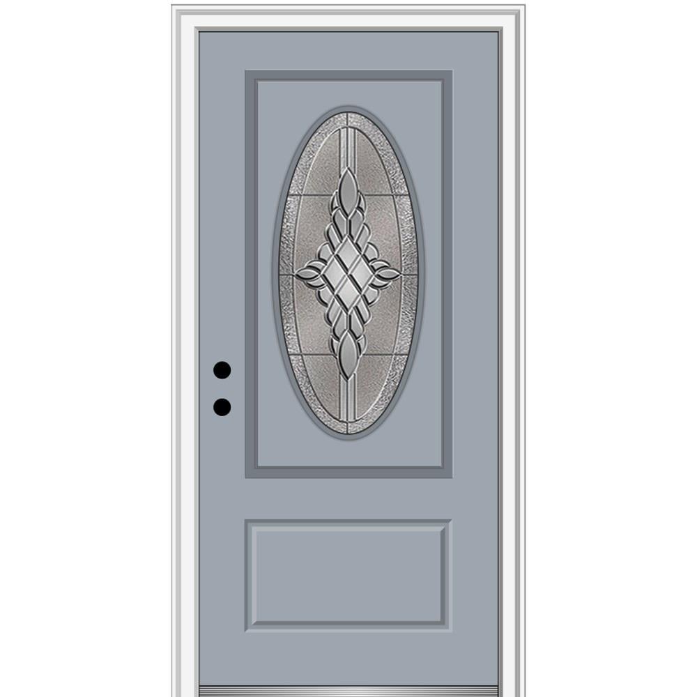 MMI DOOR ZZ3667768R 36-in x 80-in x 6-9/16-in Fiberglass Oval lite Right-hand inswing Storm Cloud Painted Prehung Front Door with Brickmould Insulating core