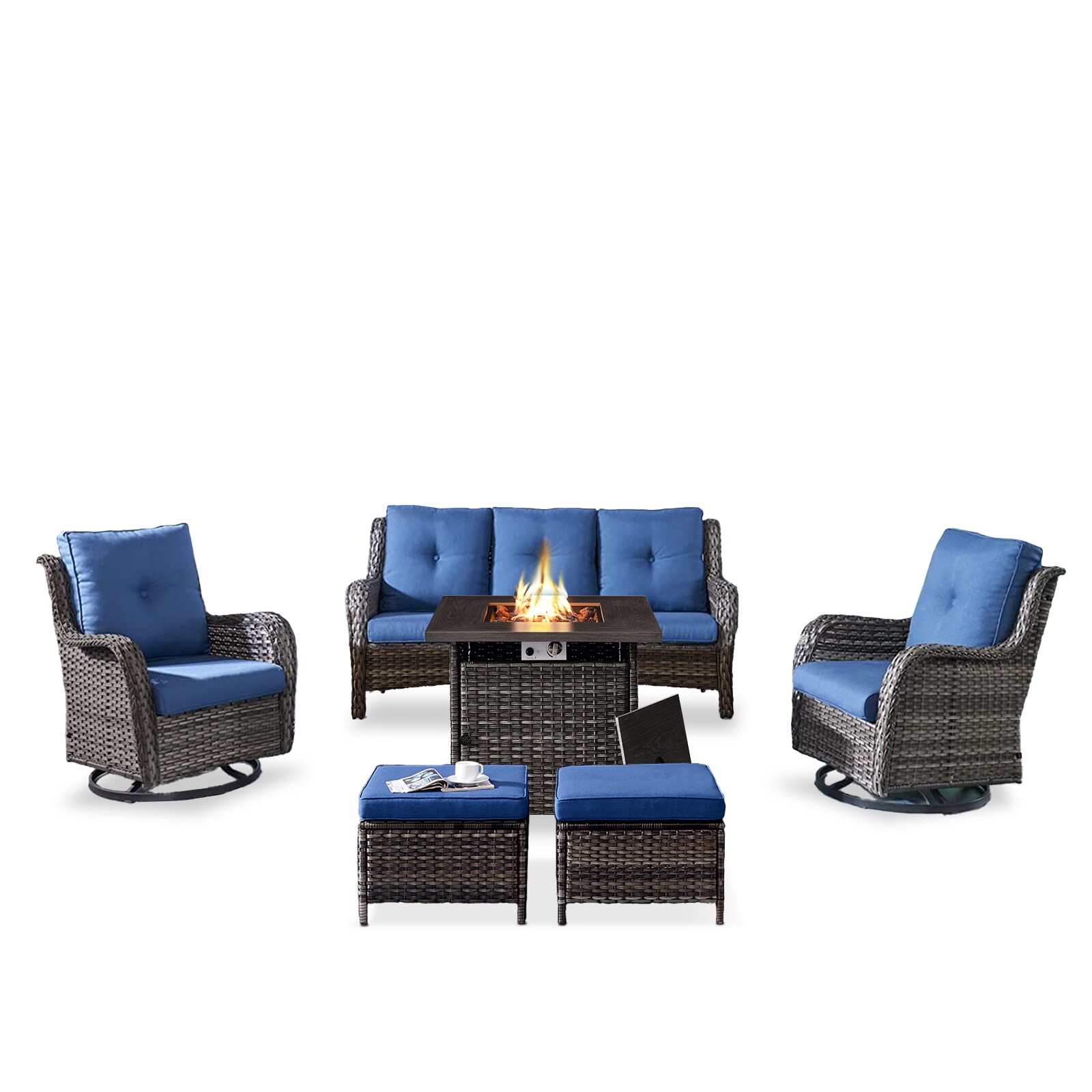 Rilyson FS015016024099-1 Curved armrest 6 -Piece Wicker Patio Sofa Conversation Set with Blue Cushions