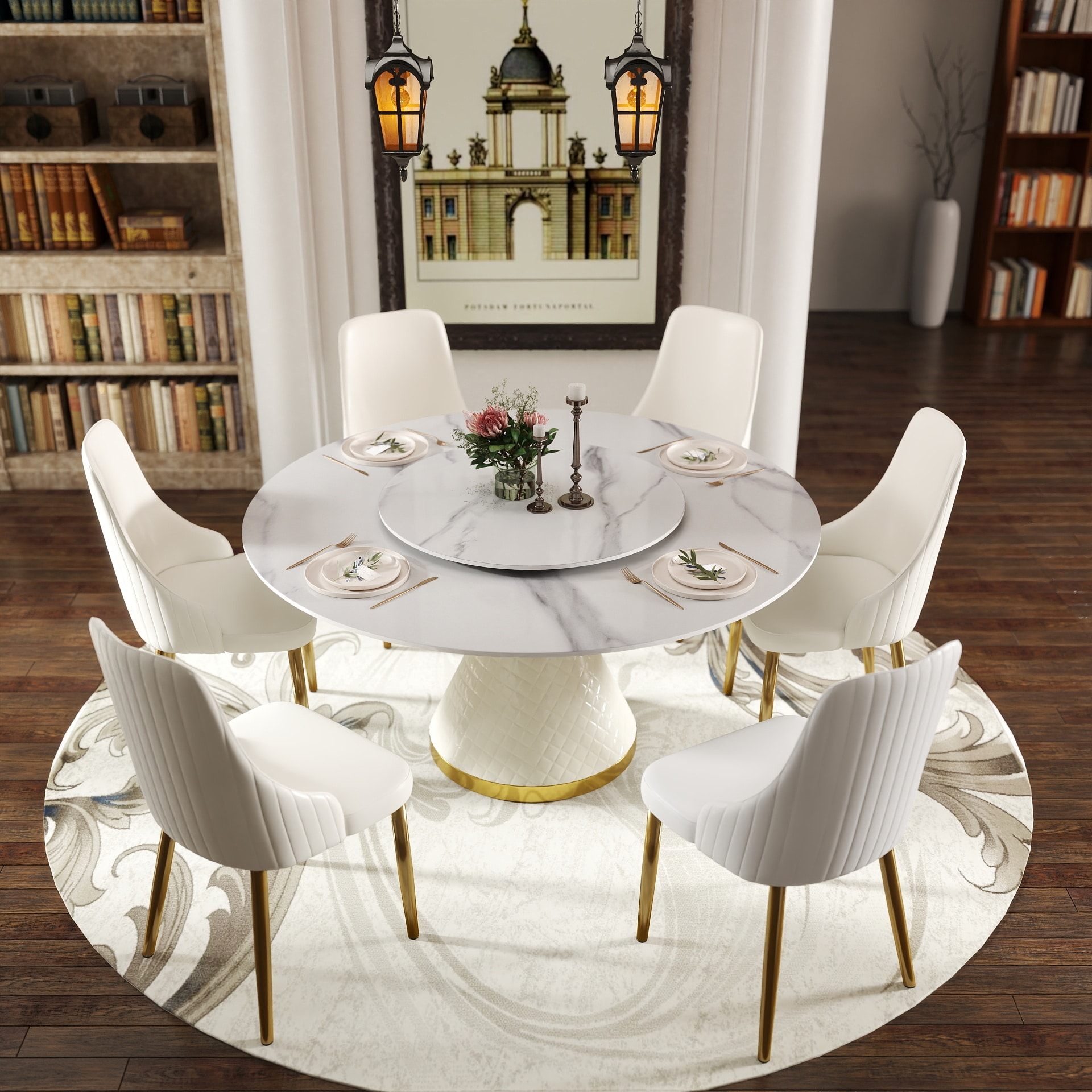 BuotiqHom DH-AT-150W80W-2W 59 in. White + Lazy Susan Round Contemporary/Modern Dining Table, Ceramic with Primed Metal Pedestal Base 59-in L x 29.5-in H