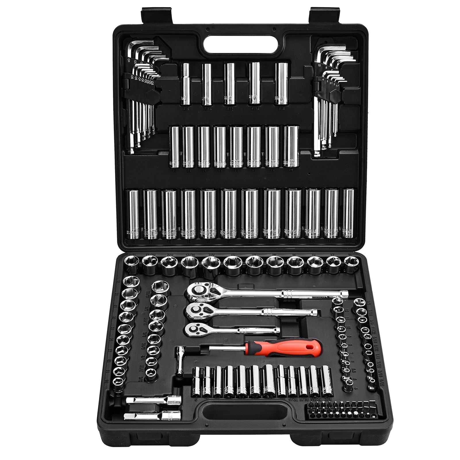 Mecale 149-Piece 1/4 3/8 1/2 in Drive Socket Ratchet Set SAE Metric Deep Shallow with Bits Chrome CR-V
