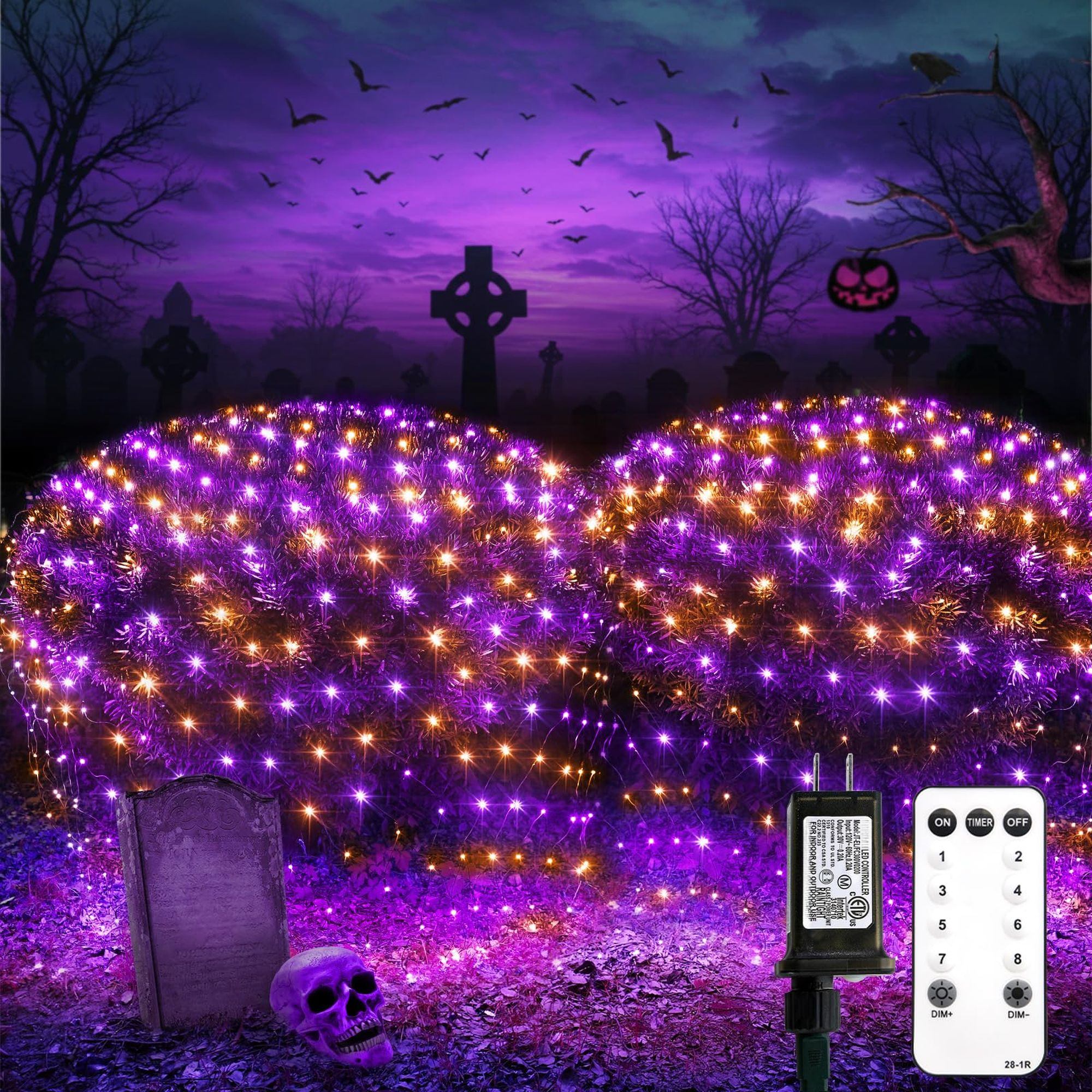 Angel Sar 12 Feet x 5 Feet 360 LED Purple Orange Halloween Net Lights with Remote Connectable Green Wire Waterproof for Bushes Trees Indoor Outdoor Party Yard Garden Decor
