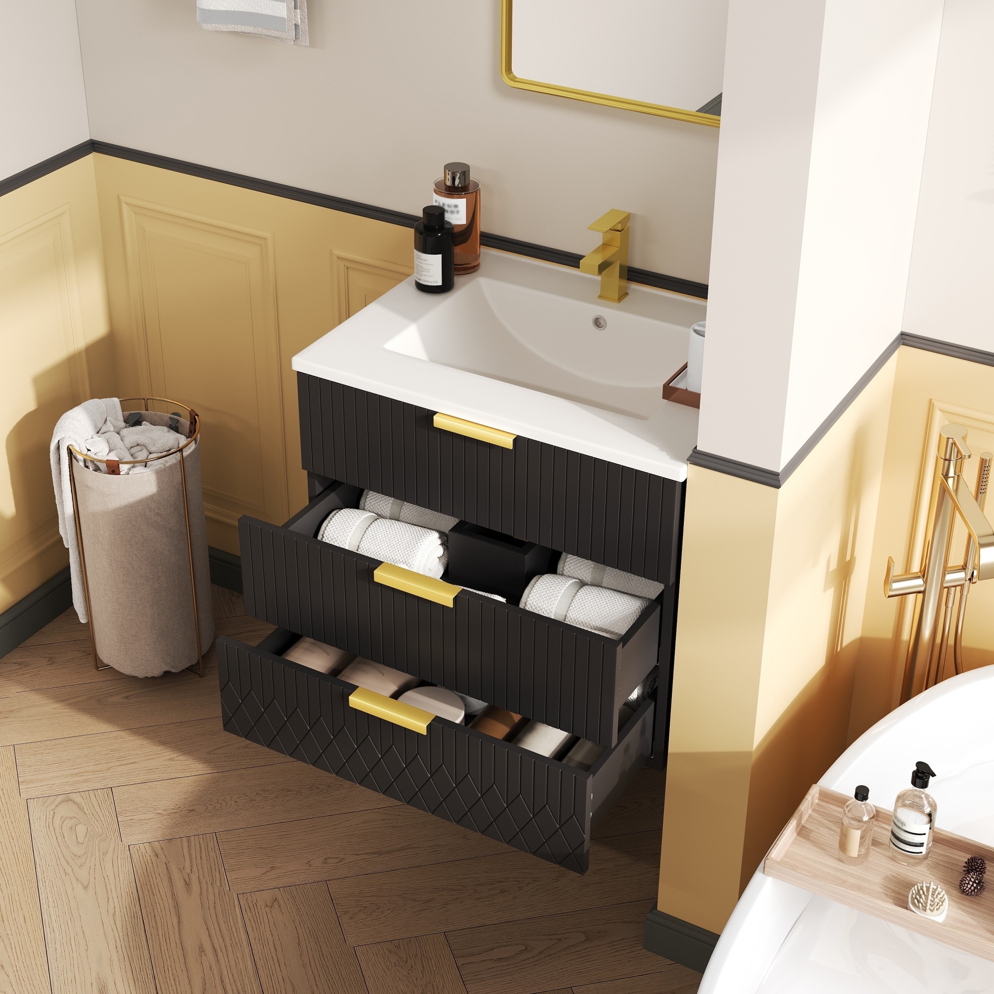 ModernLuxe Assembly Required 24inch Wall Mounted Floating Cabinet w/Double Drawer Floating Rectangular Vanity Small Bathroom Sink With Single Faucet Hole and Overflow Modern Bathroom Cabinet with Ceramic Basin Sink