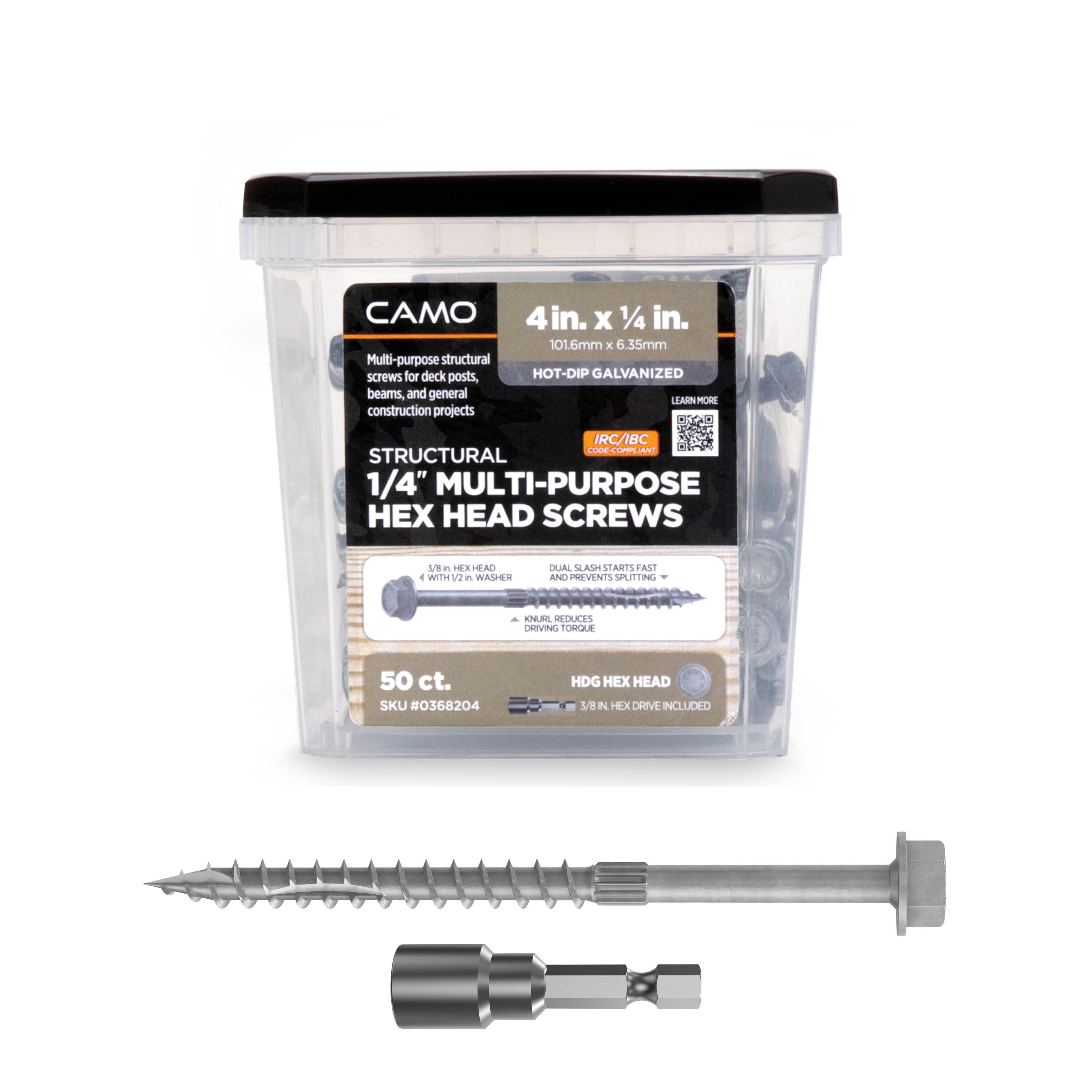 CAMO 0368204 1/4-in x 4-in Hot-dipped galvanized Hot-Dipped Galvanized Hex -Head Exterior Structural wood screws 50 -Pack