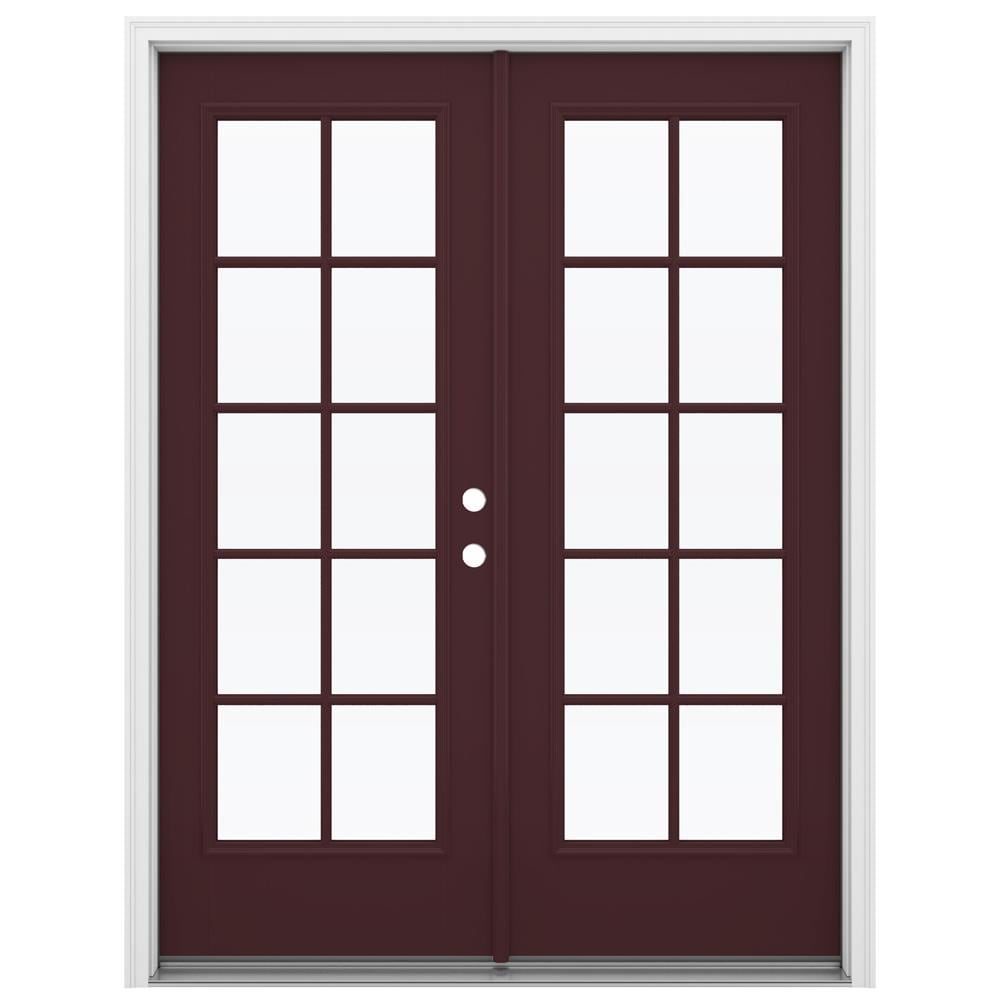 JELD-WEN 60-in x 80-in Low-e Simulated Divided Light Currant Fiberglass French Left-Hand Inswing Double Patio Door Brickmould Included in Red -  LOWOLJW182300027