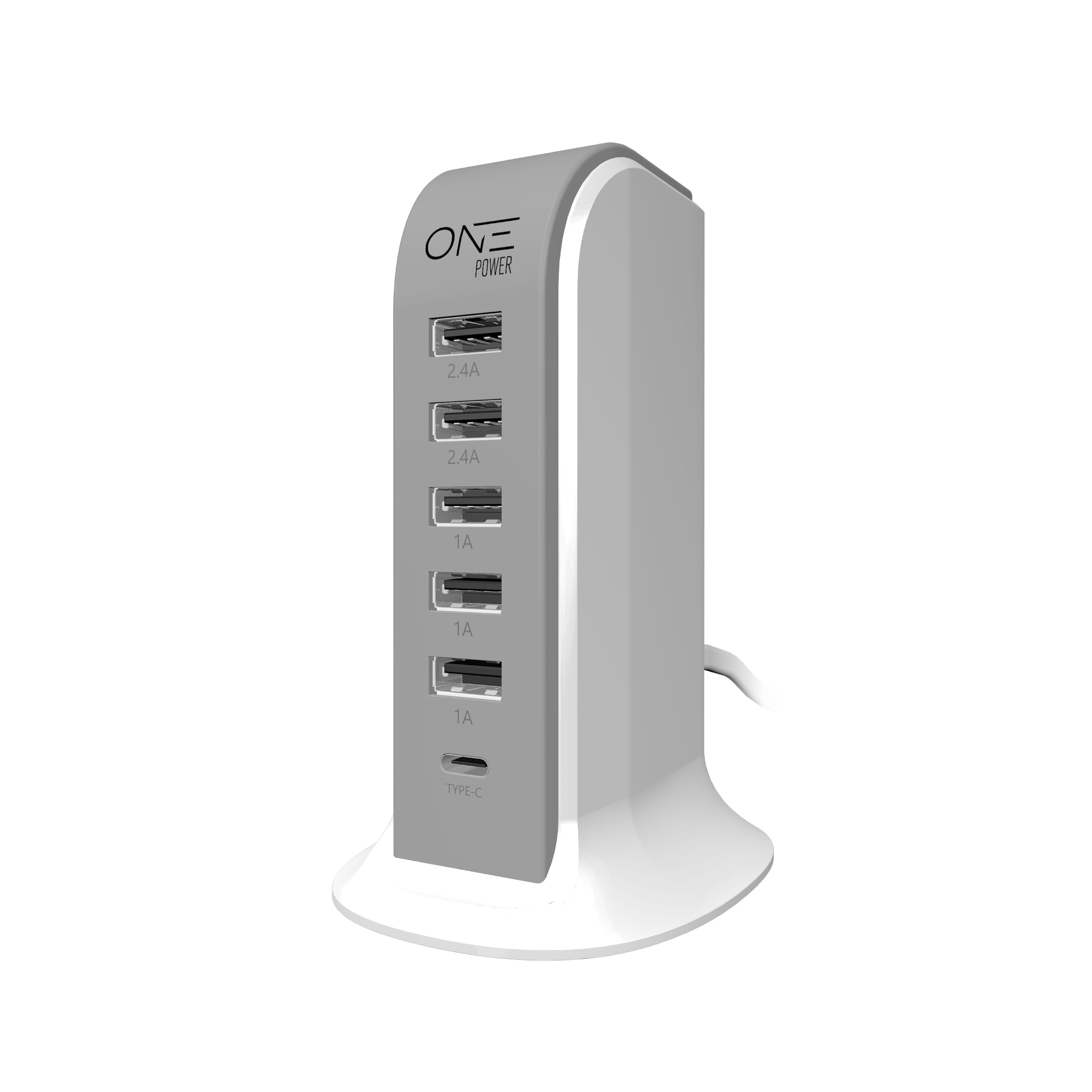 Promounts 5 USB-A 1 USB-C Charging Station by One Power - White, 5 USB Ports, 2.4 AMP High Speed Charging, Compatible with Samsung, Apple, Android