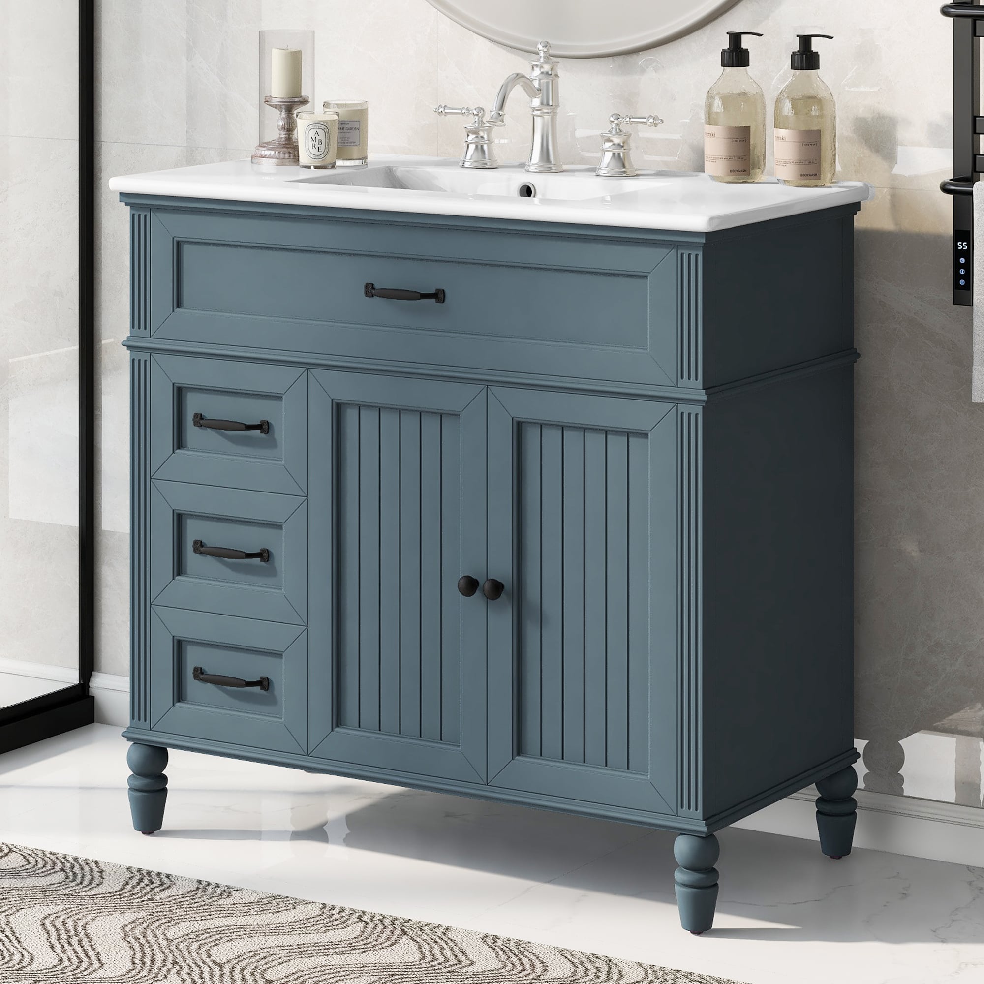 ModernLuxe L3P-N725P195410C 36inch Bathroom Vanity with Sink Blue Bathroom Cabinet with Drawers Solid Frame and MDF Board One Package