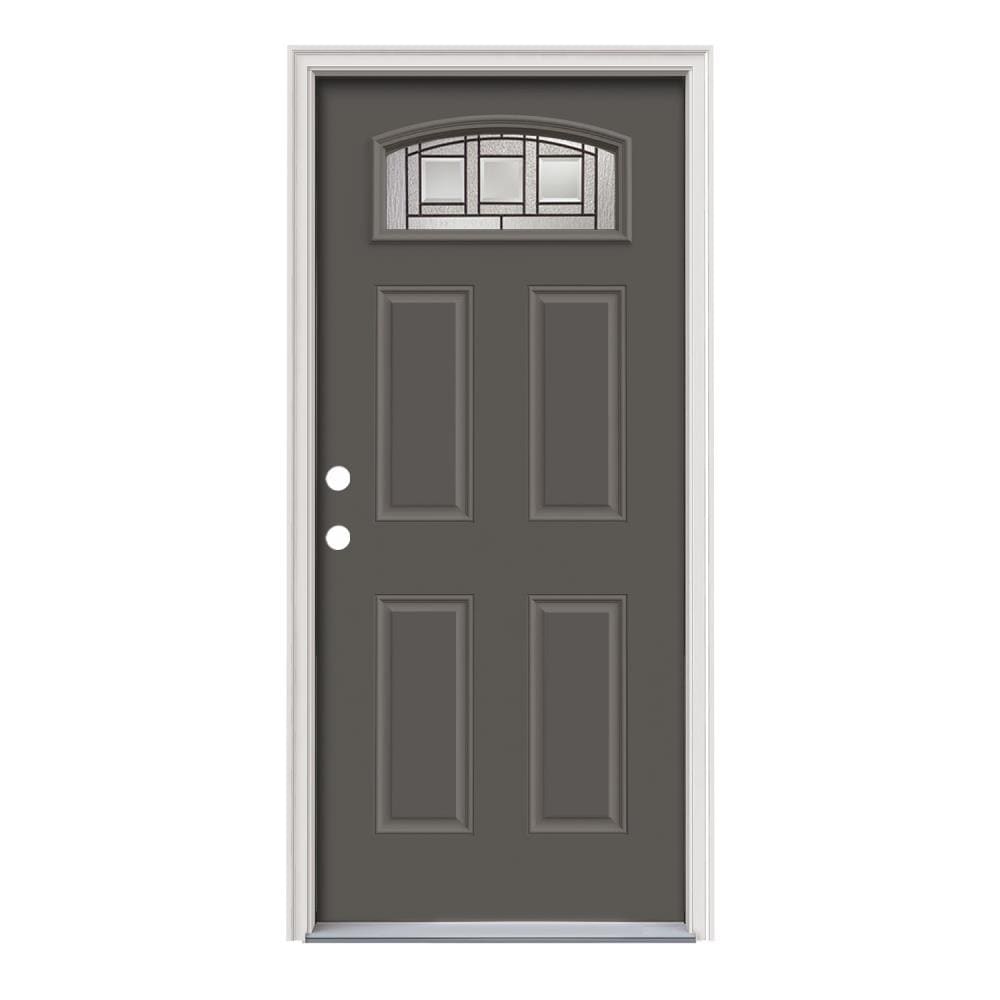 JELD-WEN LOWOLJW167600390 Craftsman 36-in x 80-in x 4-9/16-in Steel 1/4 Lite Right-Hand Inswing Timber Gray Painted Prehung Front Door with Brickmould Insulating Core