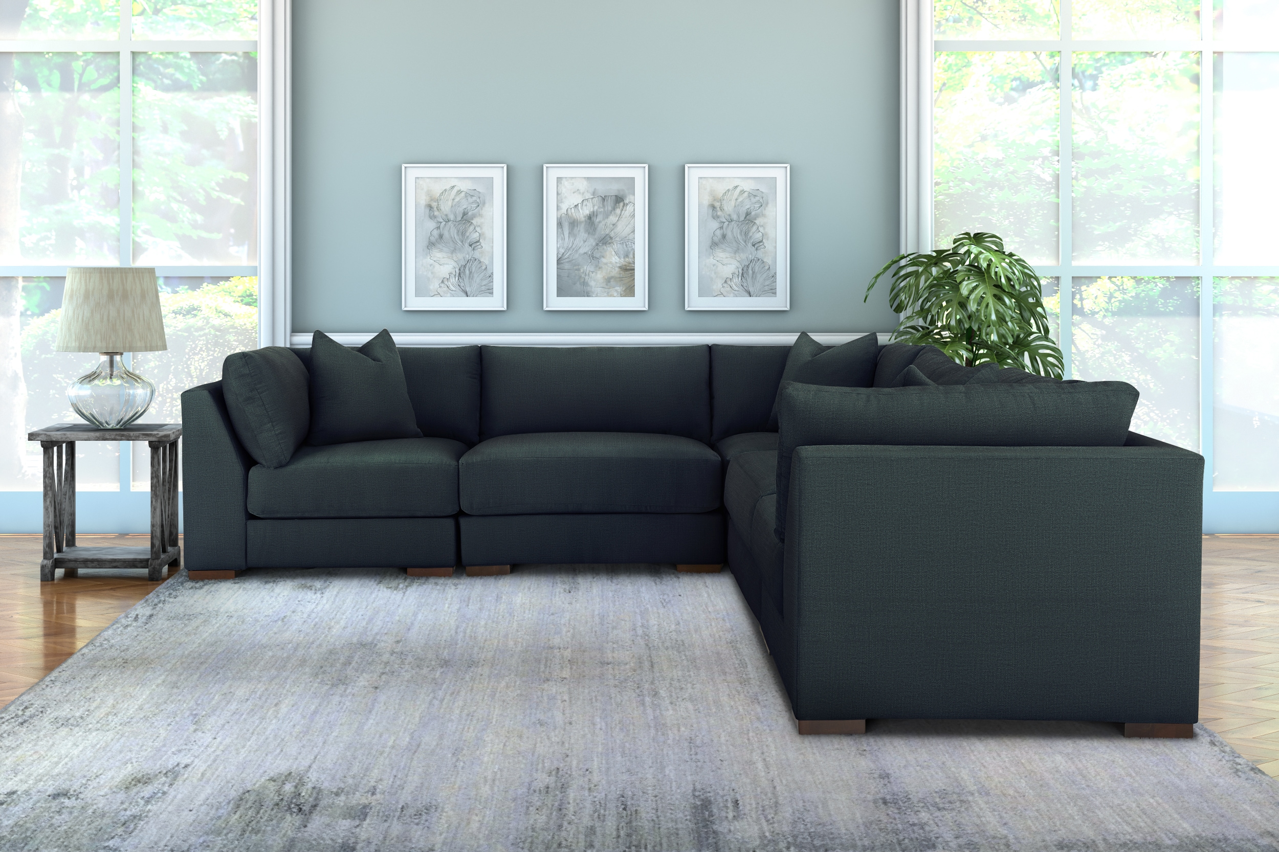 Klaussner Home Furnishings 5PCSECTVELASTEE Jefferson 126-in Modern Blue Polyester/Blend 5-seater Sectional