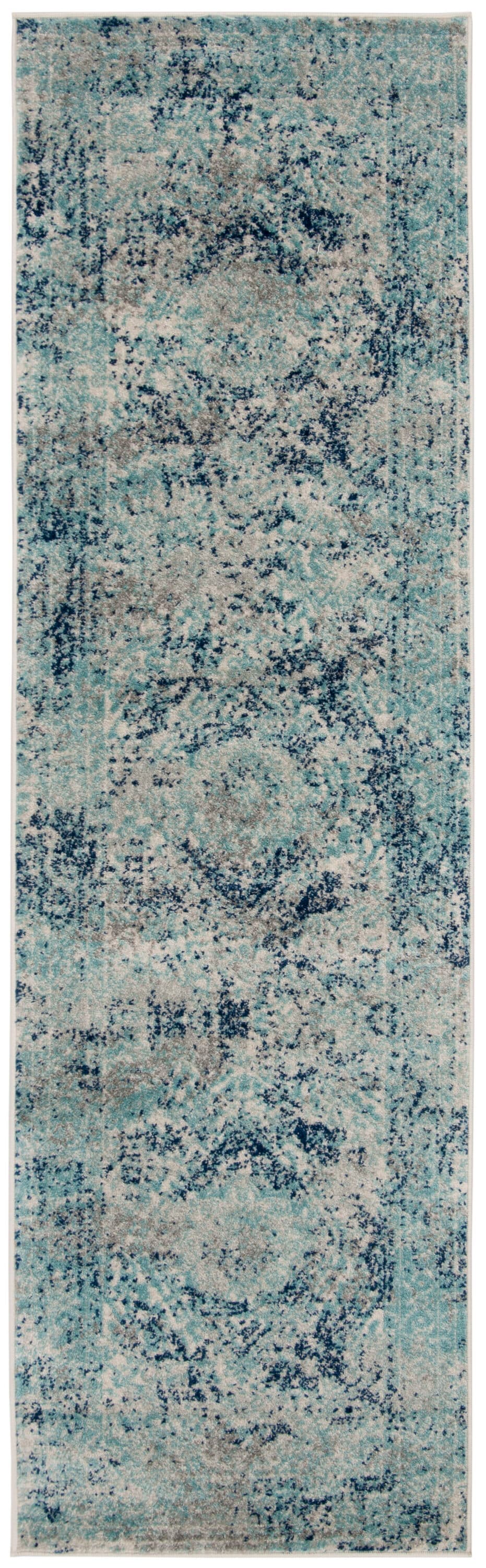 Ivory and Blue Floral Motif Synthetic Runner Rug