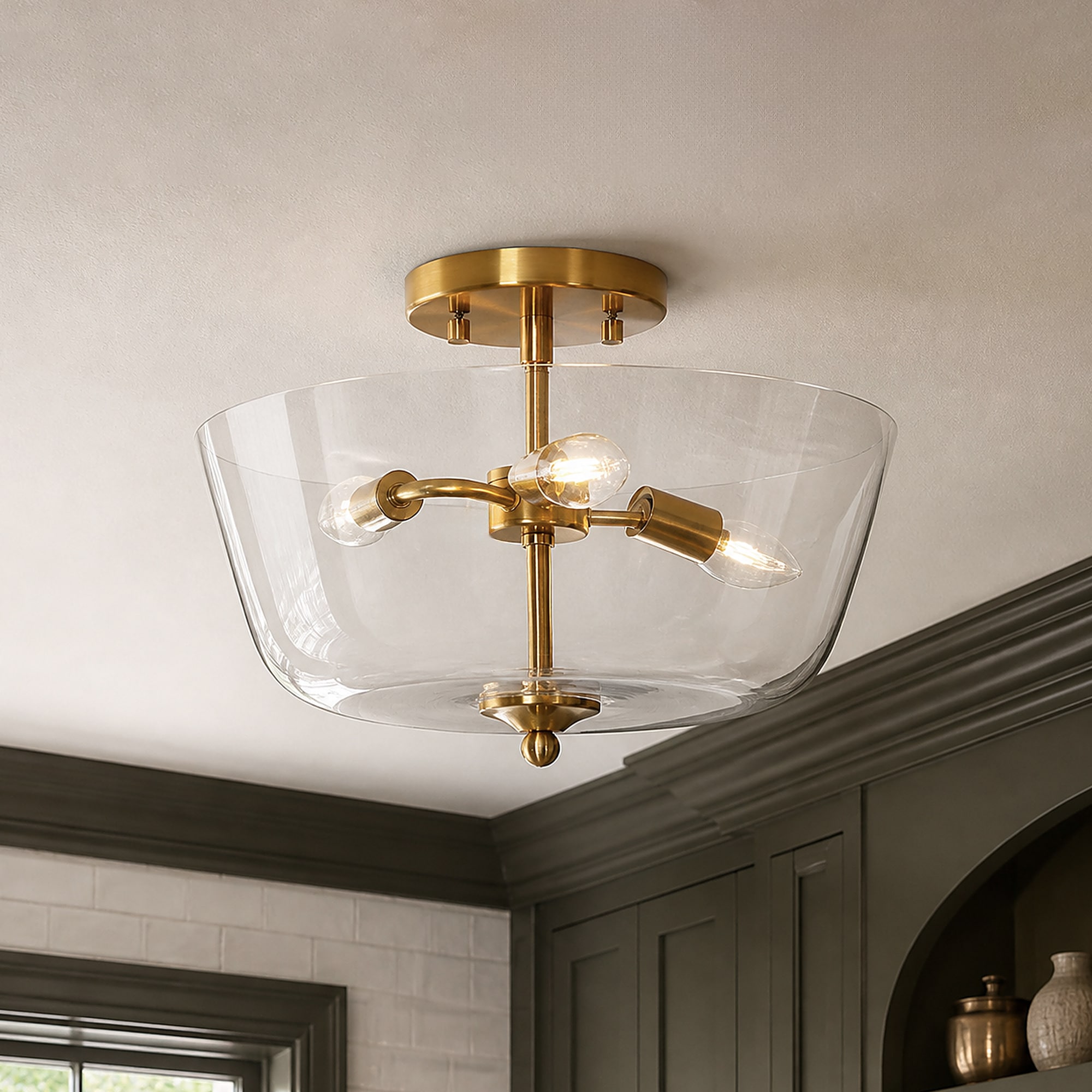 ZEVNI 15-in Brass Gold Indoor 3 -Light Semi-flush Mount Light with Clear Glass