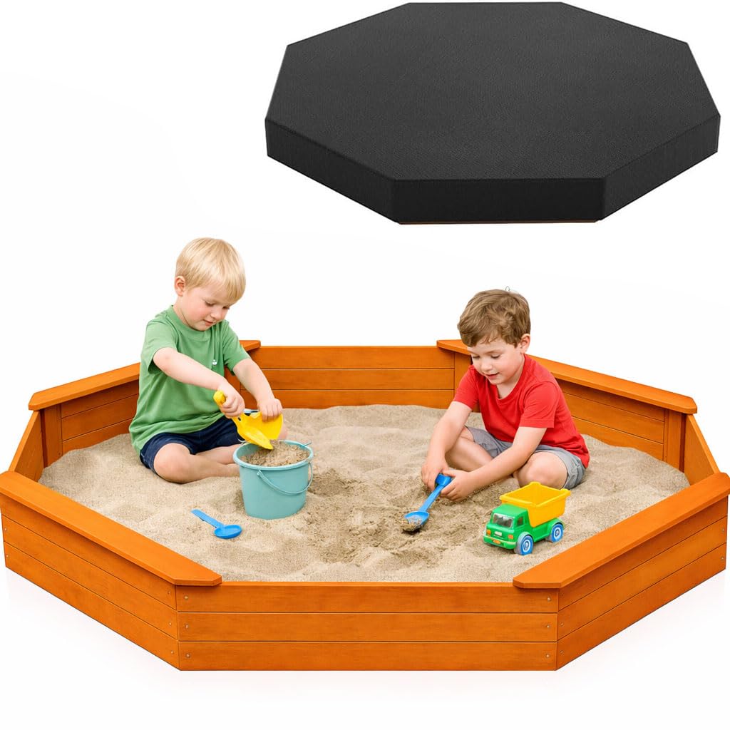 ITOPFOX - Octagon Wooden Sandbox 85 inch x 78 inch Large Outdoor Sandpit with Benches Waterproof...