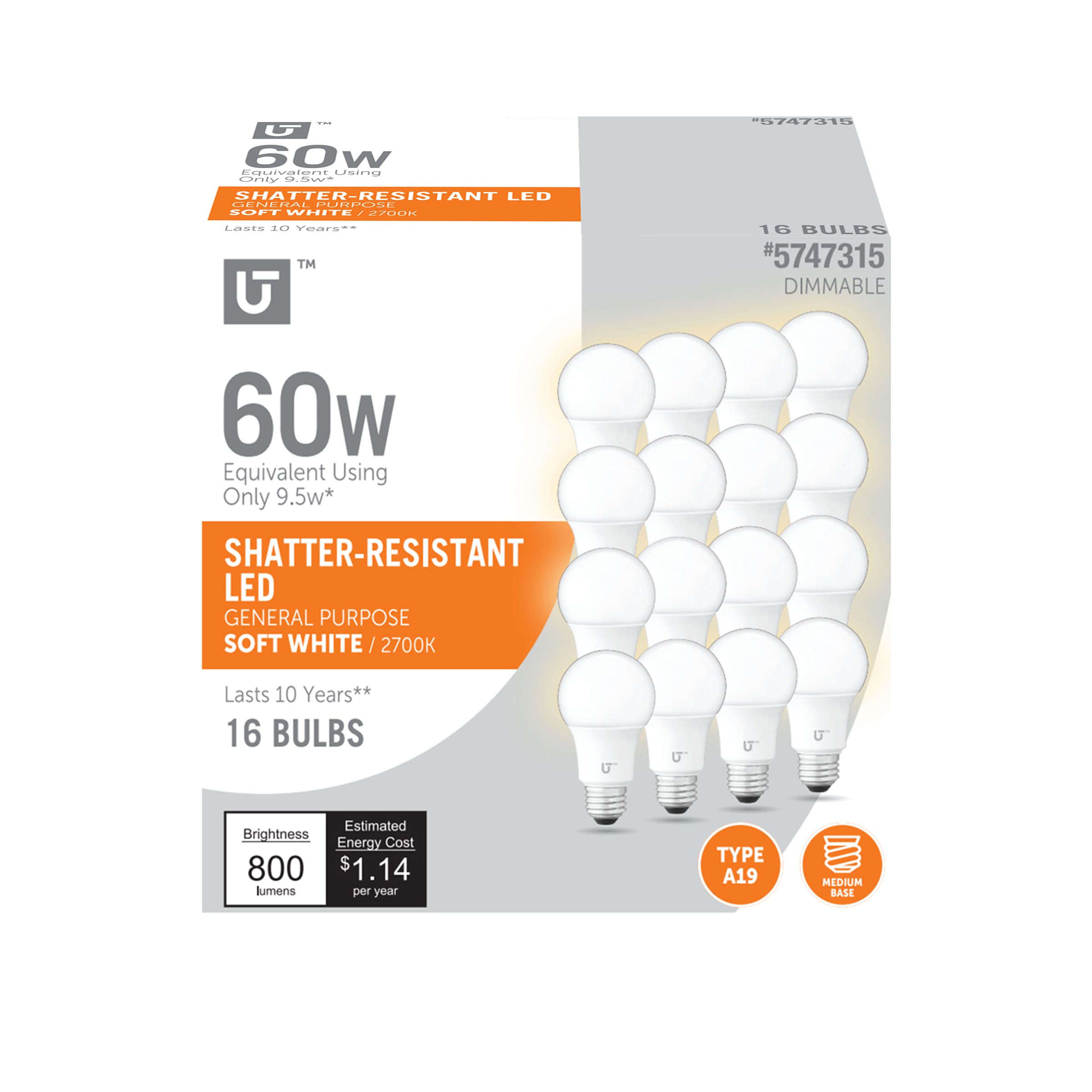 Utilitech YGA03C67-9.5W-927-16 60 -Watt EQ A19 Soft white Screw bases Dimmable LED General purpose Light Bulb 16 -Pack