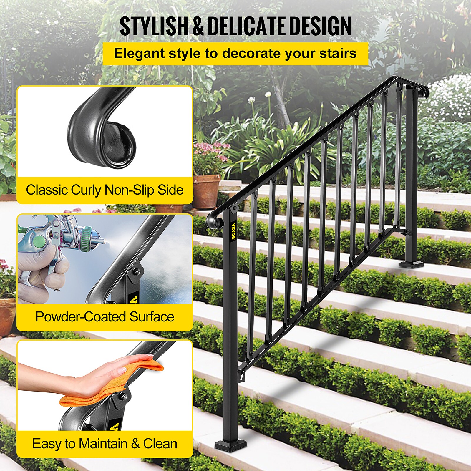 VEVOR Handrails Stair Railing 56-in x 2.4-in x 38.5-in Black Steel Deck ...