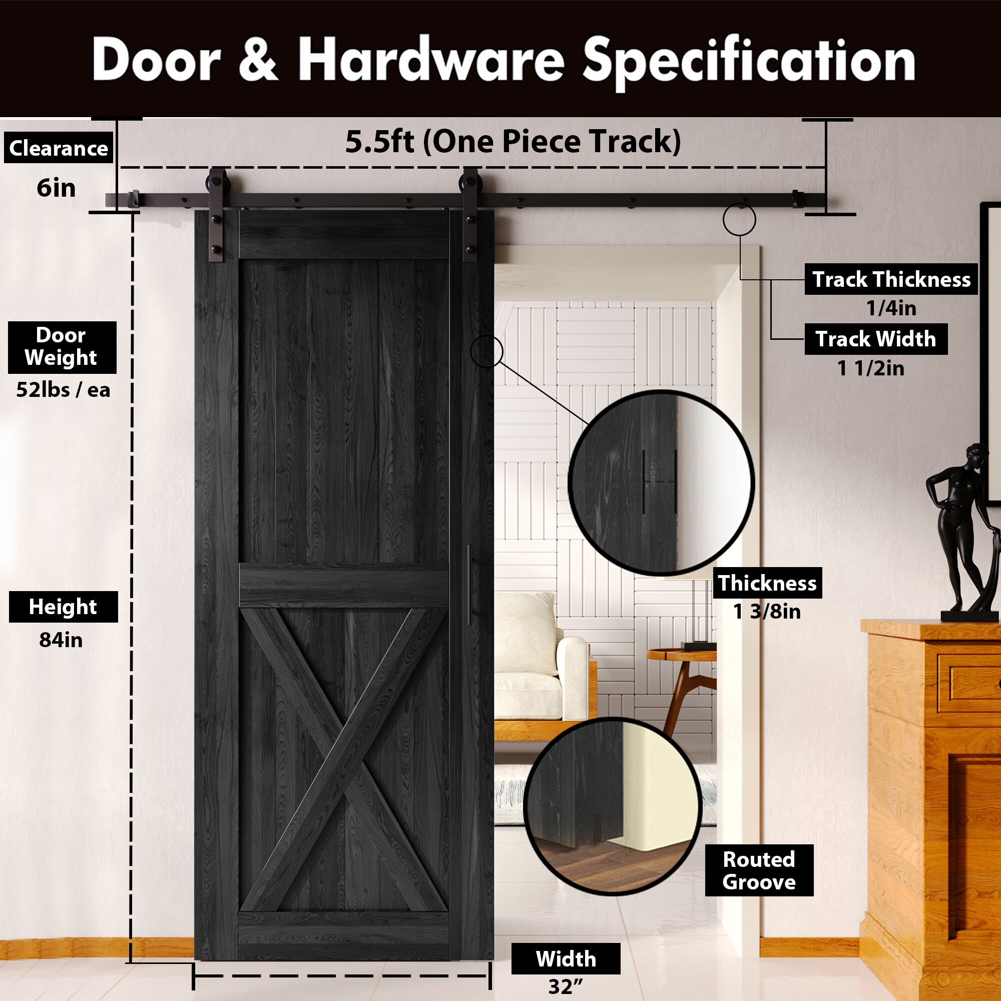 HOMACER YT1TGH066C-3284-X-BK Barn-Doors - View #2