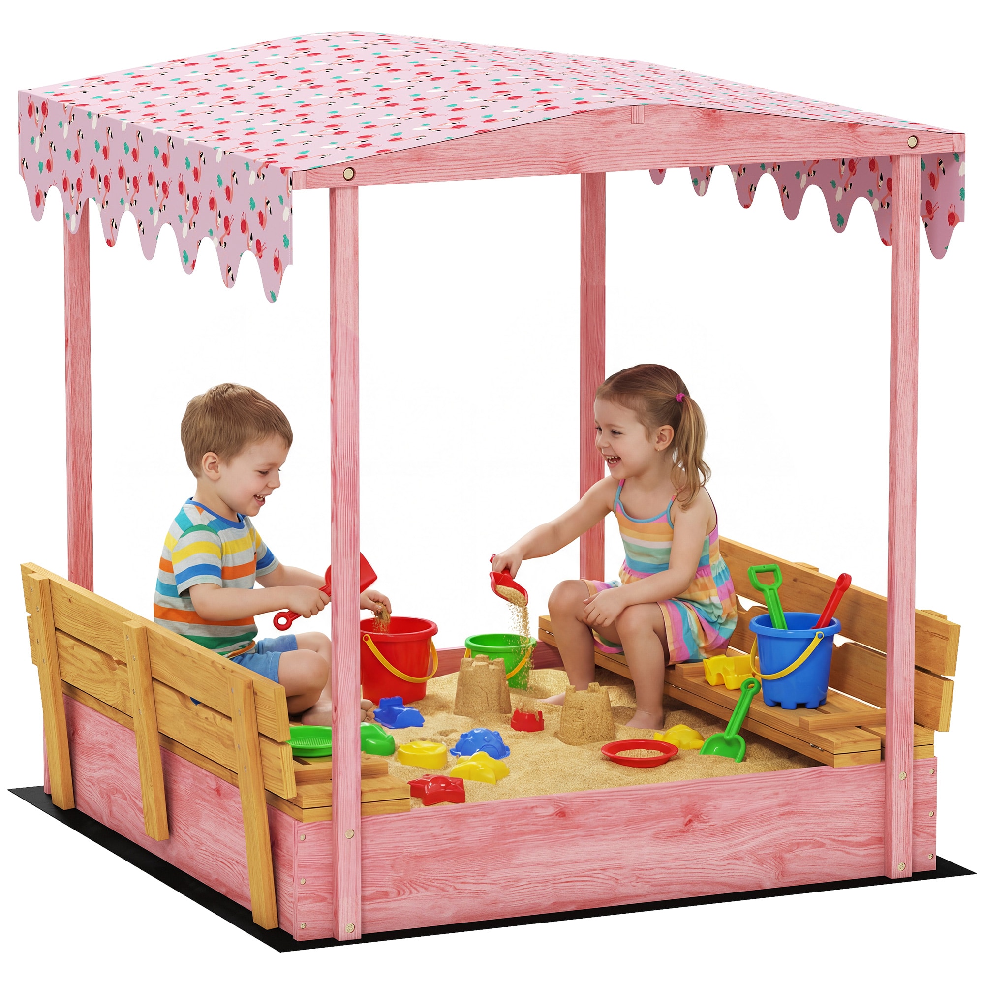 Qaba  Wooden Sandbox with Cover Kids Sandbox Outdoor with Bench Seats Bottom Liner Canopy for Kids Ages 3-6 Flamingos Print Pink