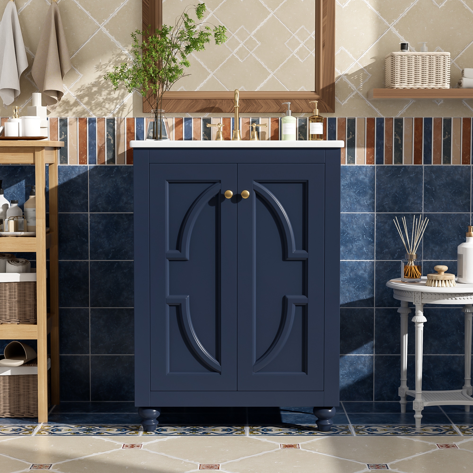 Afhocomp 24 in. Single Freestanding Blue Bath Vanity with White Ceramic Top and White Ceramic Sink Assembled