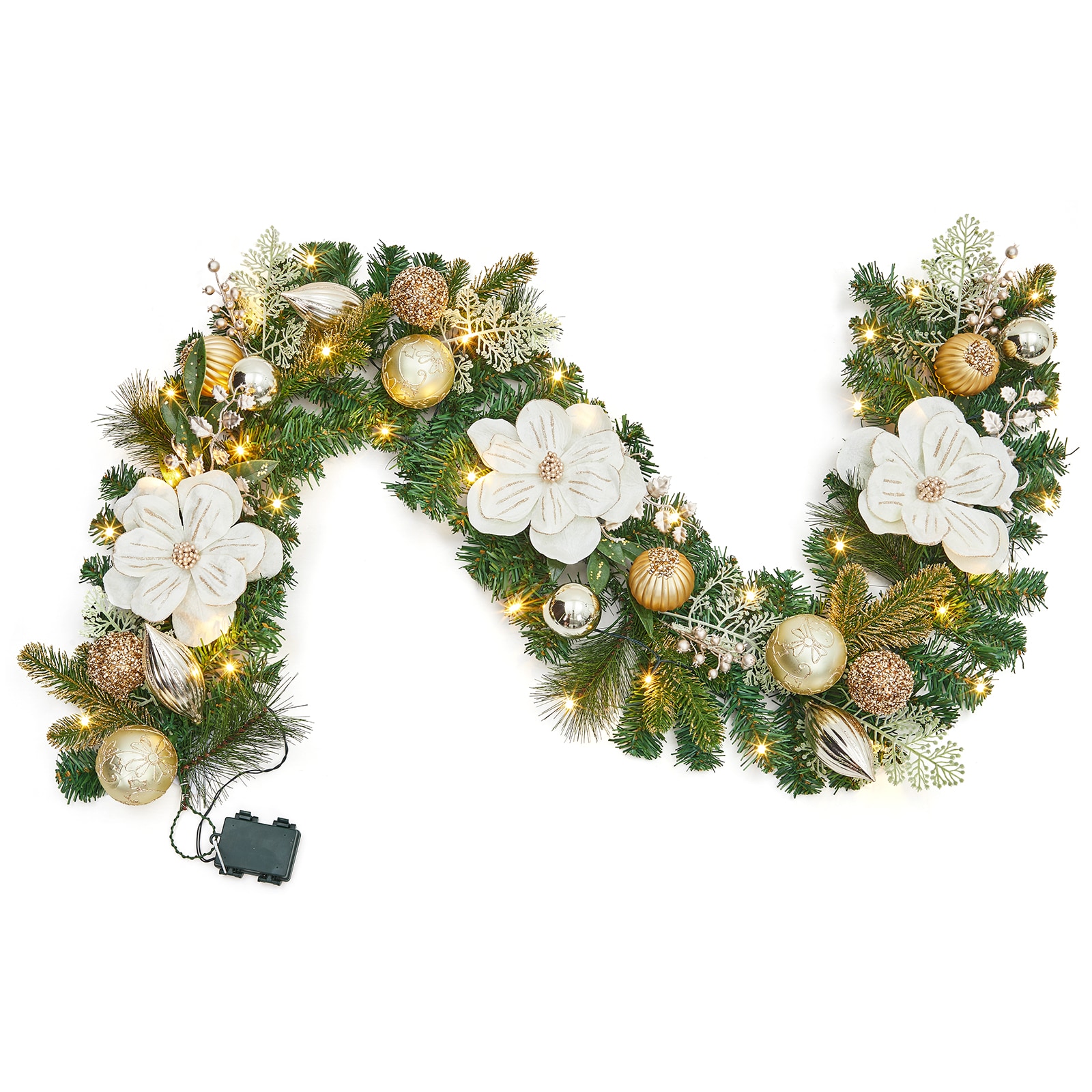 IdealHouse 6ft Christmas Garland with 20 LED Lights - Pre Lit Christmas Garland with Gold Balls and Magnolia Flower - Indoor Outdoor Xmas Garland for Fireplace Holiday Decorations