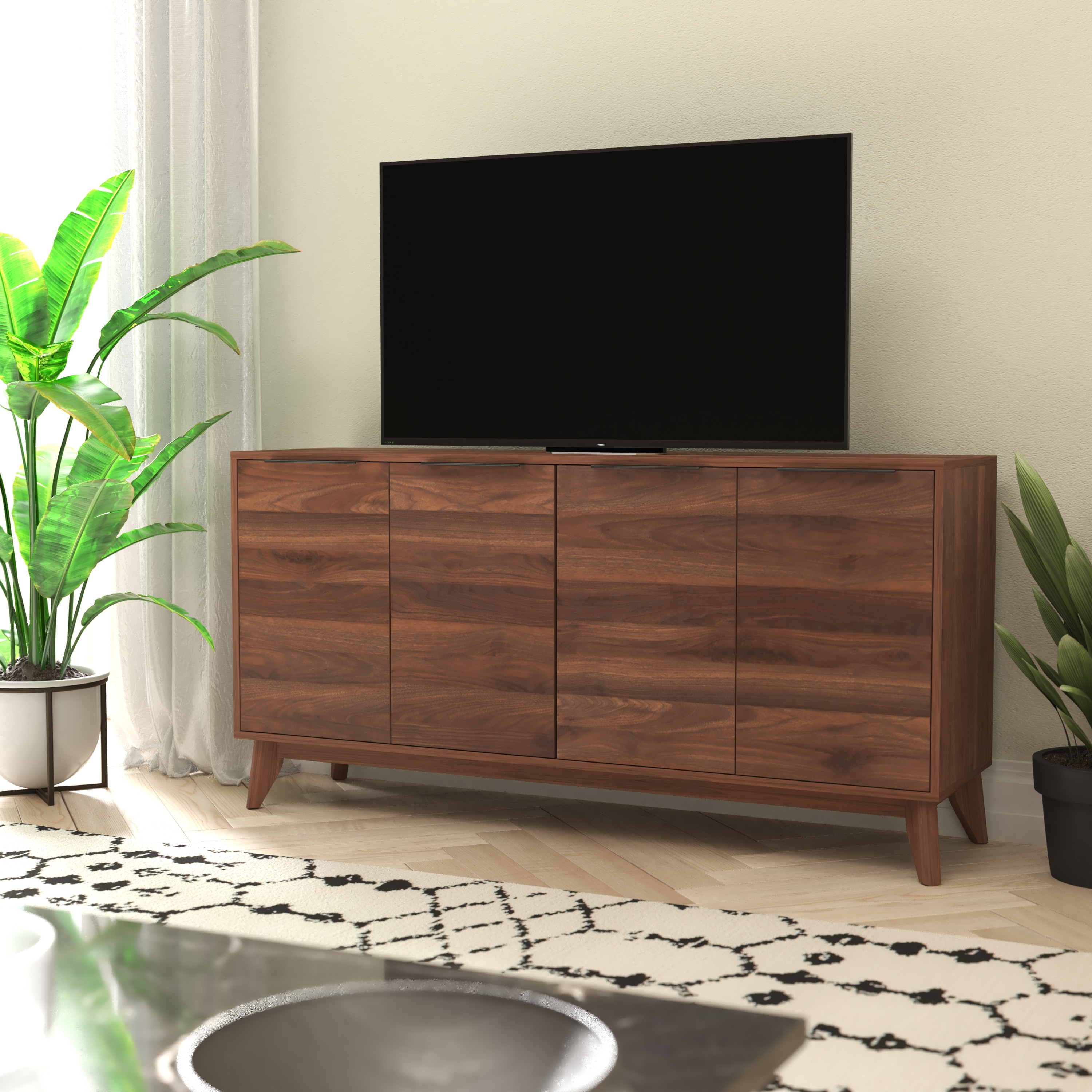 Emma + Oliver Beverly Mid-Century Modern 60-in Wooden Buffet with Four Soft Close Doors; Shelving and Sleek Tapered Legs with Protective Floor Glides in Dark Walnut